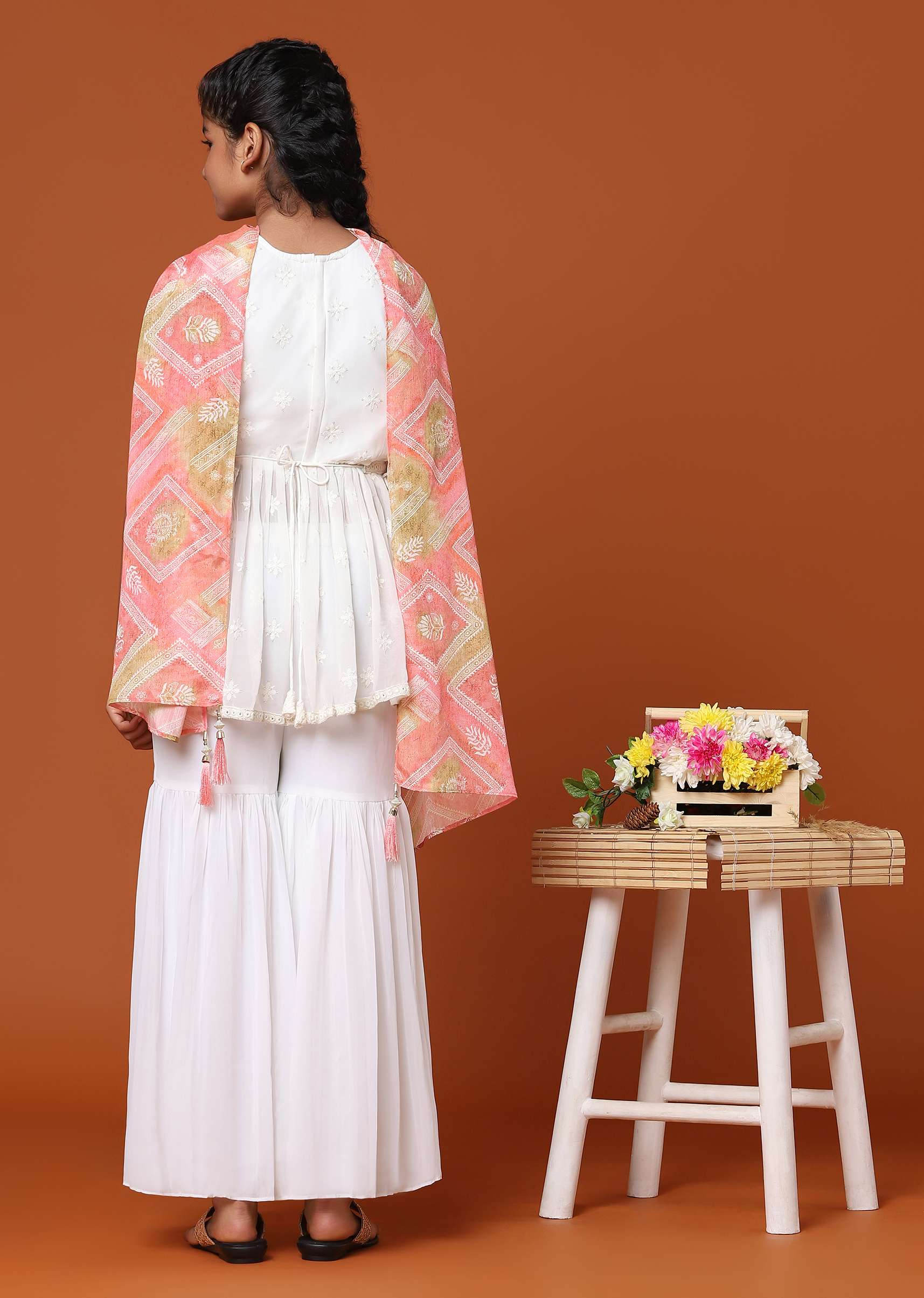 Kalki Pearl White Embroidered Palazzo And Kurti Set In Georgette For Girls - Image 5