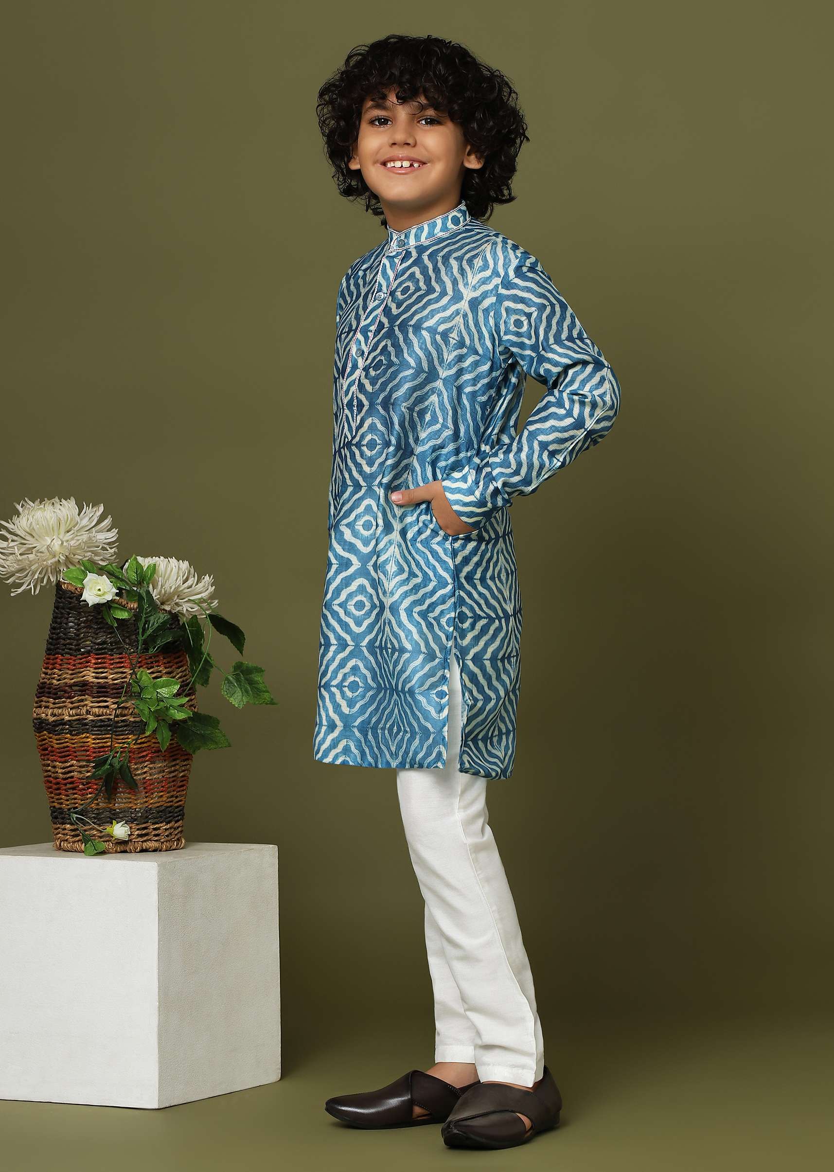 Kalki Persian Blue Printed Kurta Set In Tussar Silk For Boys - Image 2