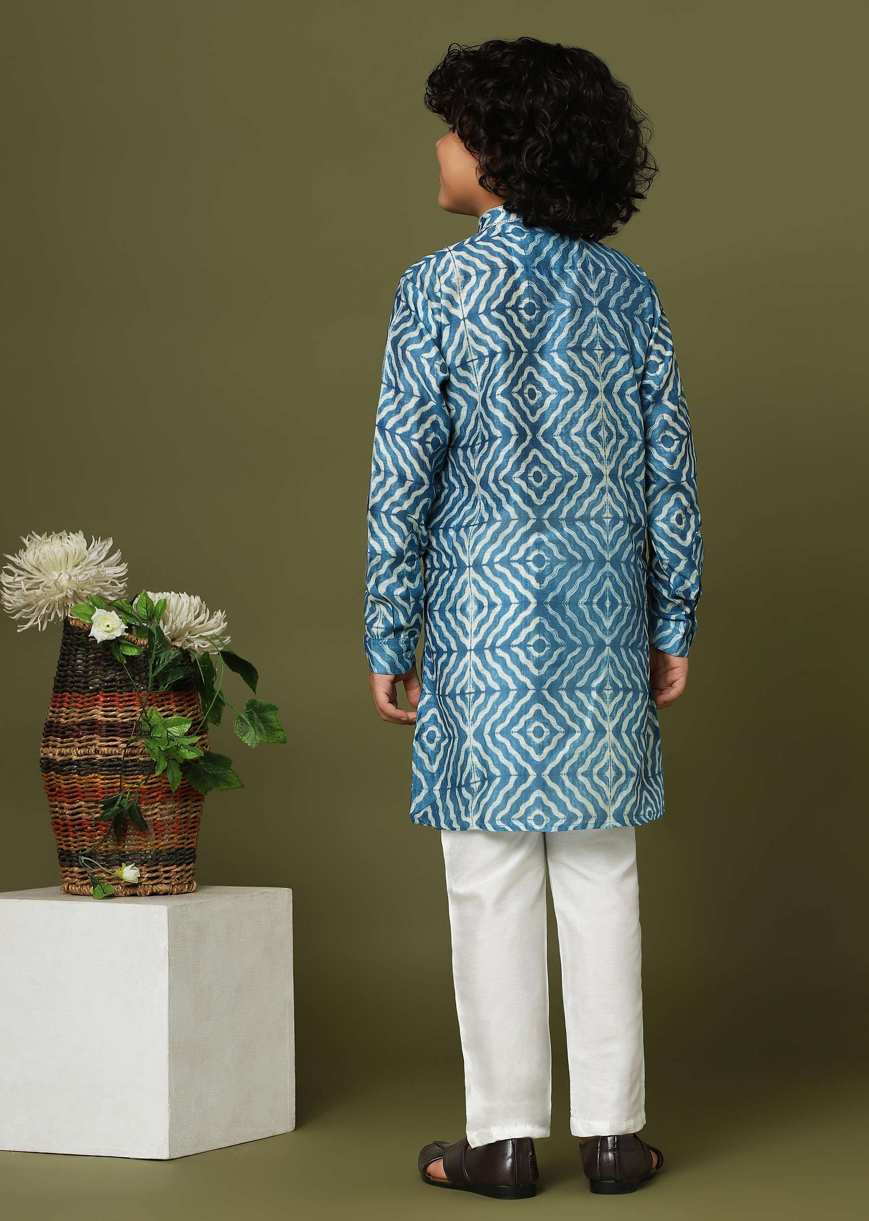 Kalki Persian Blue Printed Kurta Set In Tussar Silk For Boys - Image 5