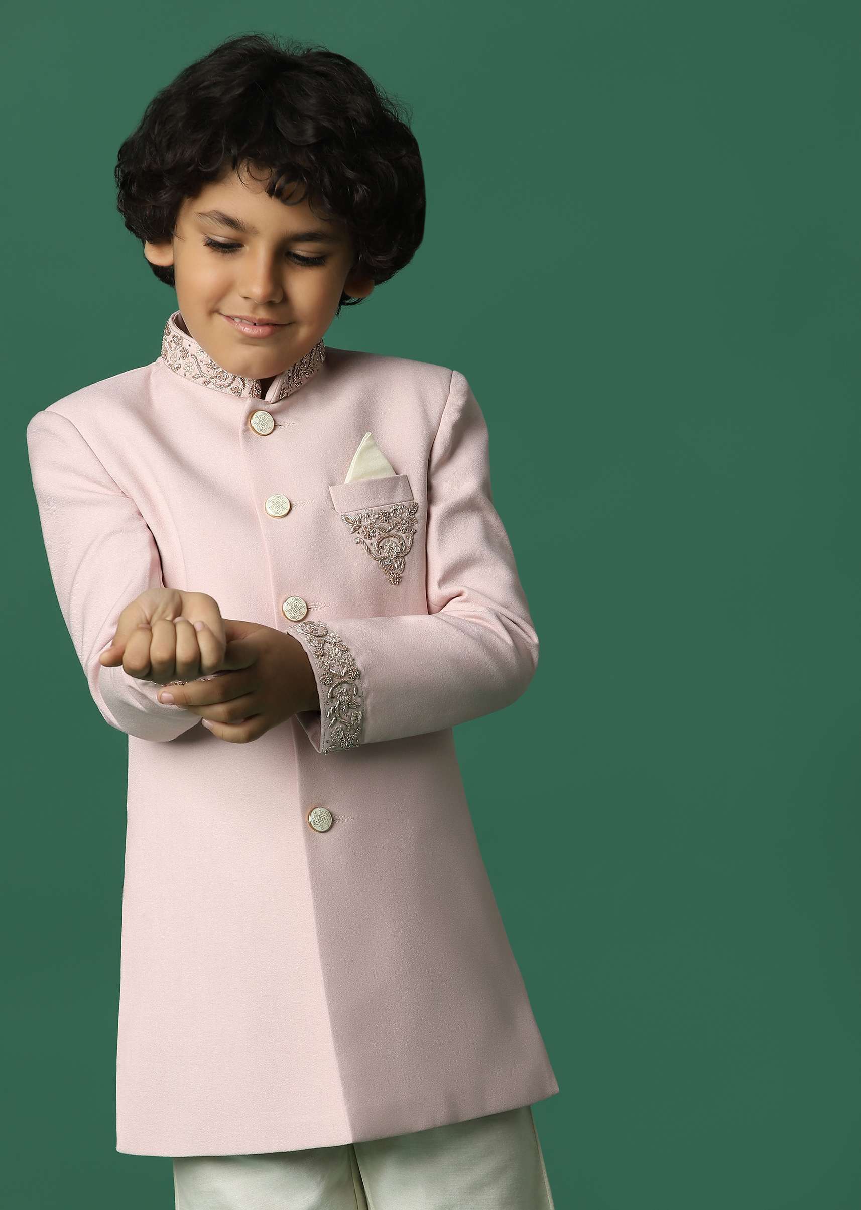 Kalki Pink Sherwani Set In Suiting Fabric With Threadwork For Boys - Image 2