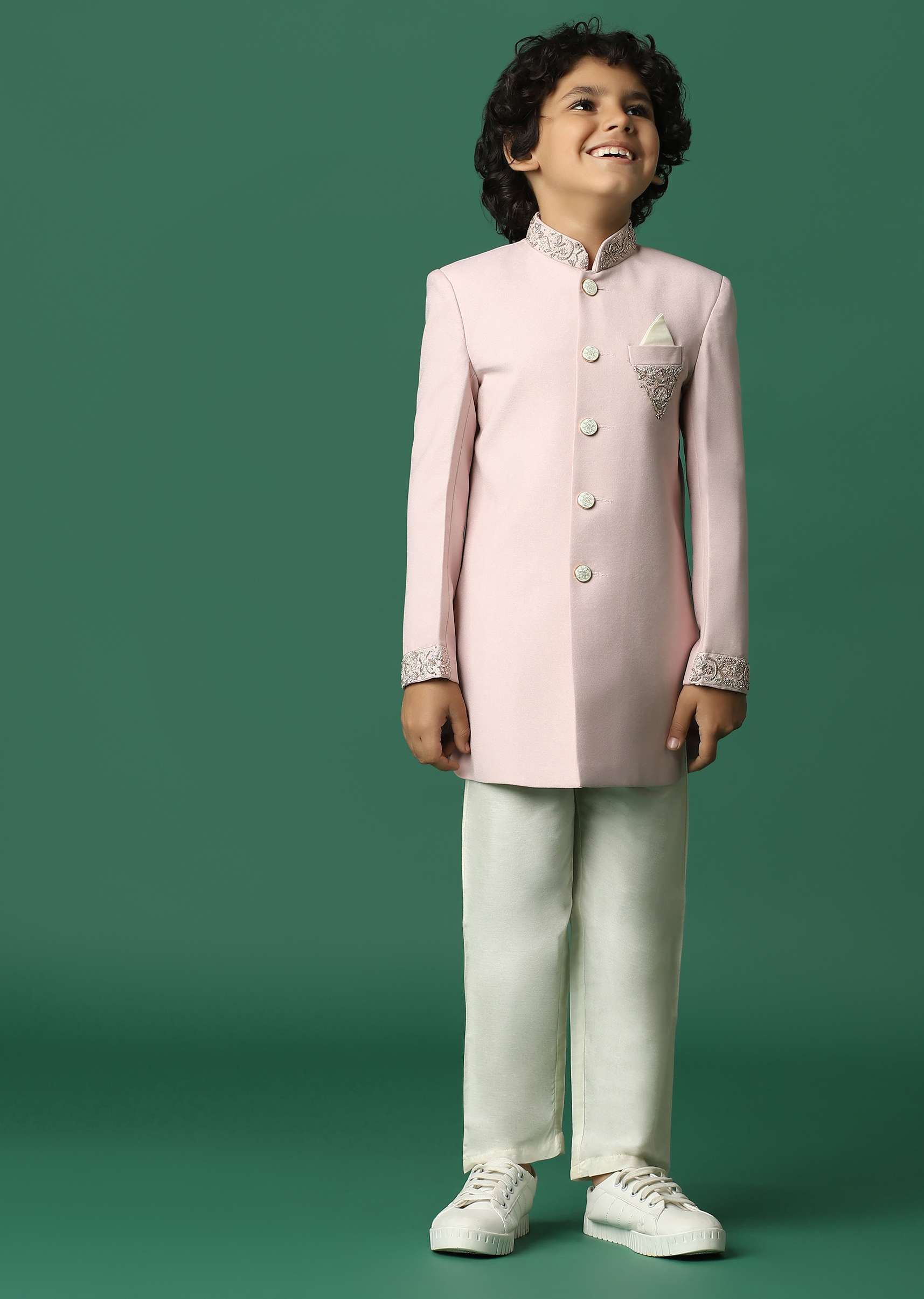 Kalki Pink Sherwani Set In Suiting Fabric With Threadwork For Boys - Image 3