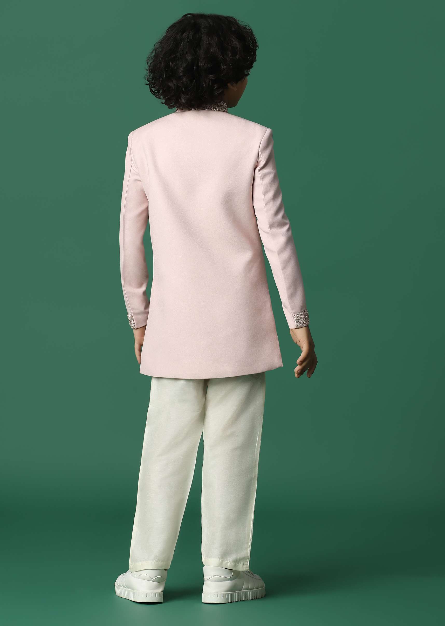 Kalki Pink Sherwani Set In Suiting Fabric With Threadwork For Boys - Image 5