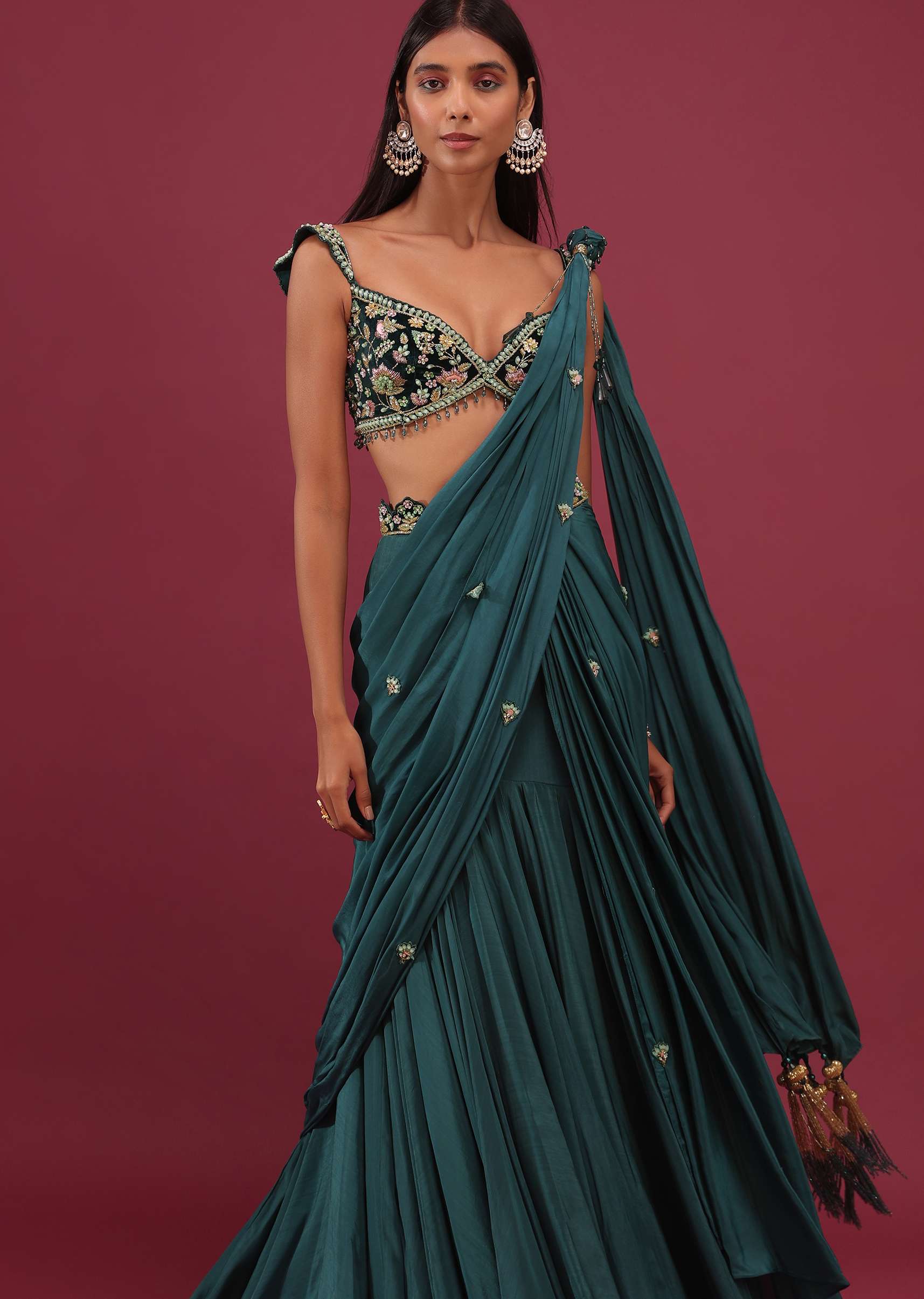 Emerald Green Pre-Pleated Saree With Floral Buttis And Embroidered Blouse - NOOR 2022 - Image 6