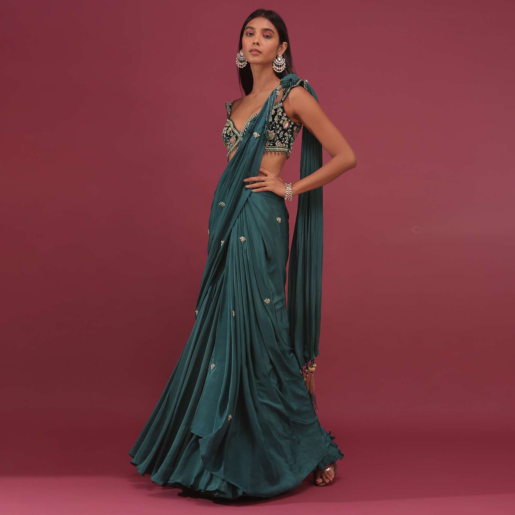 Pre-Pleated Emerald Green Saree With Floral Buttis And A Embroidered Blouse - NOOR 2022 - Image 2