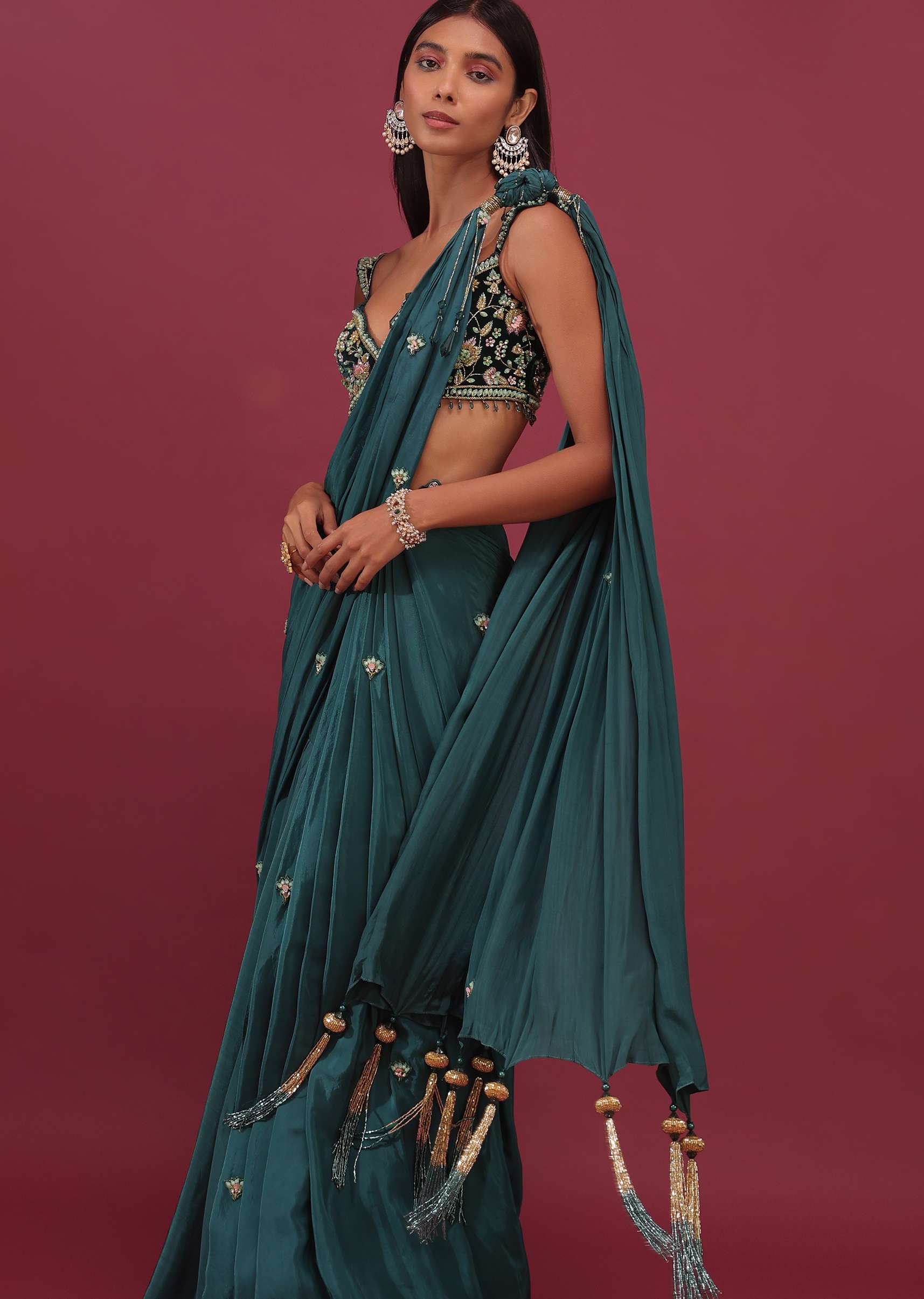 Pre-Pleated Emerald Green Saree With Floral Buttis And A Embroidered Blouse - NOOR 2022 - Image 4