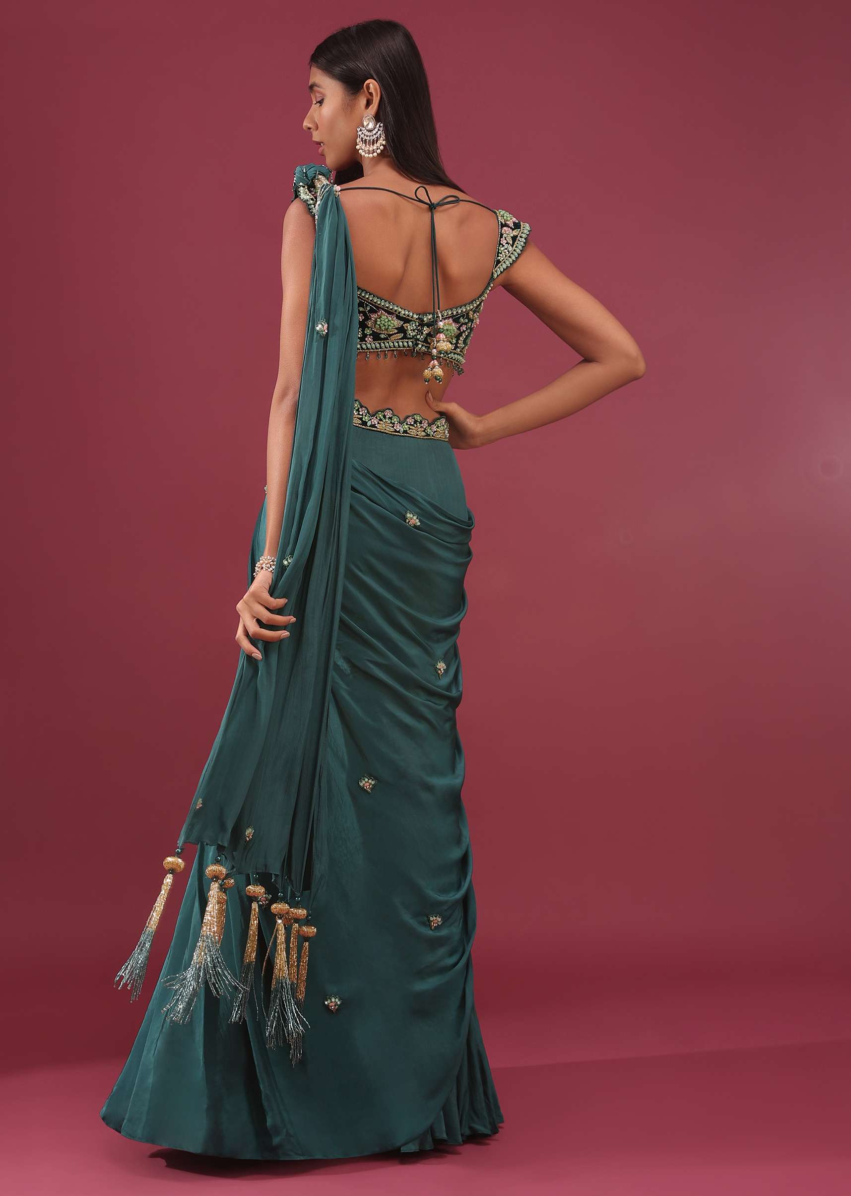 Pre-Pleated Emerald Green Saree With Floral Buttis And A Embroidered Blouse - NOOR 2022 - Image 6