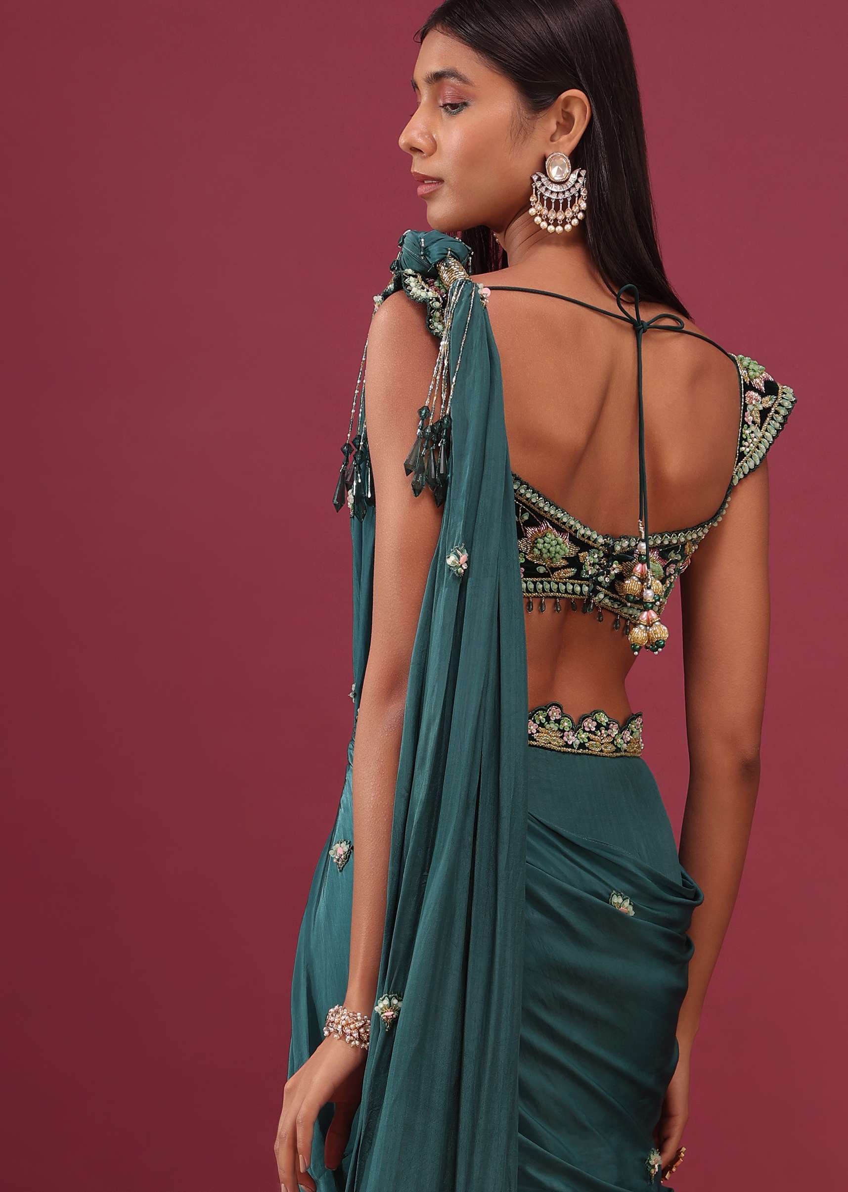 Pre-Pleated Emerald Green Saree With Floral Buttis And A Embroidered Blouse - NOOR 2022 - Image 7