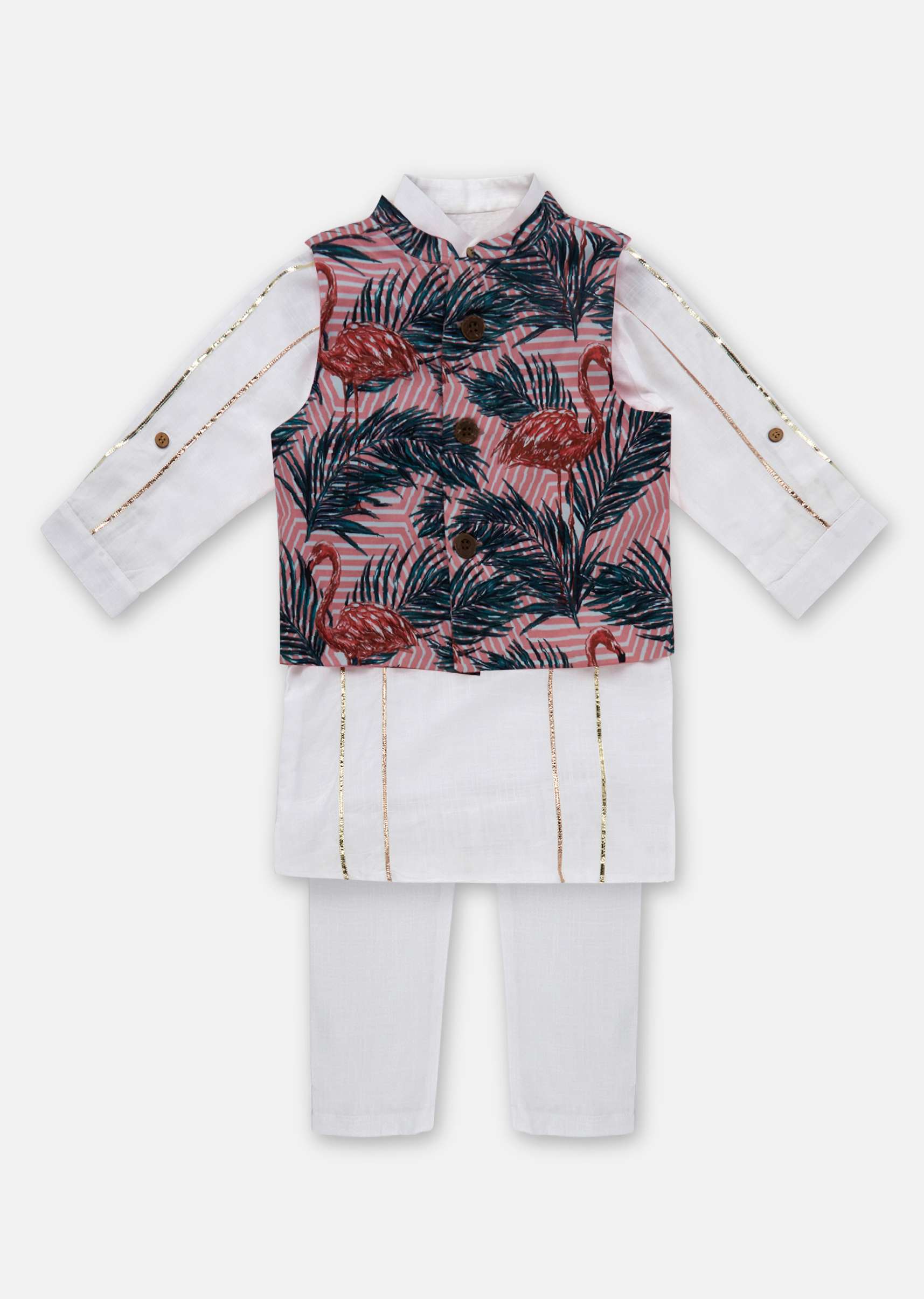 Kalki Rose Pink Flamingo Printed Jacket Kurta Set In Cotton For Boys - Image 3