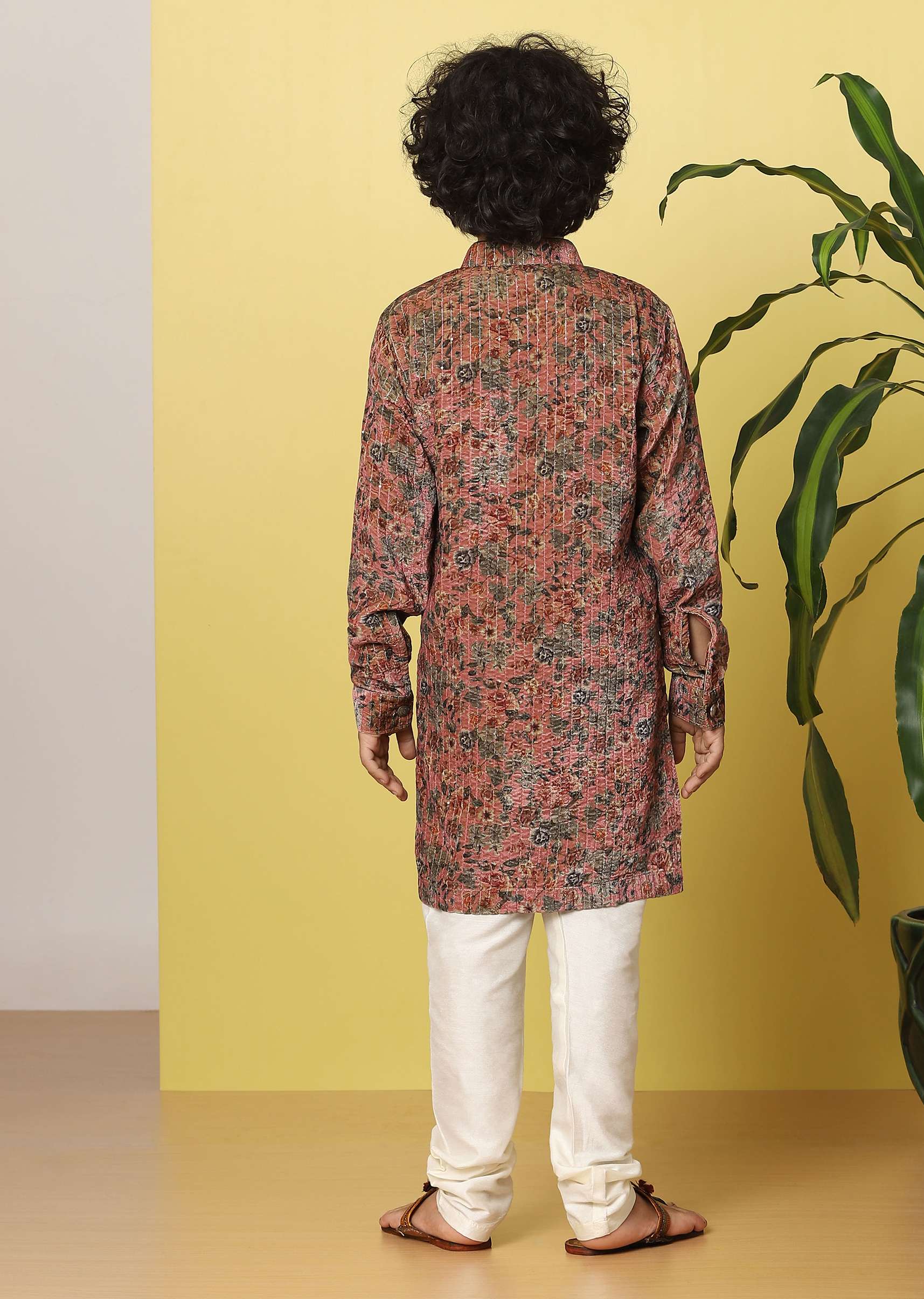 Kalki Rose Red Boys Kurta Set In Silk With Floral Print - Image 4