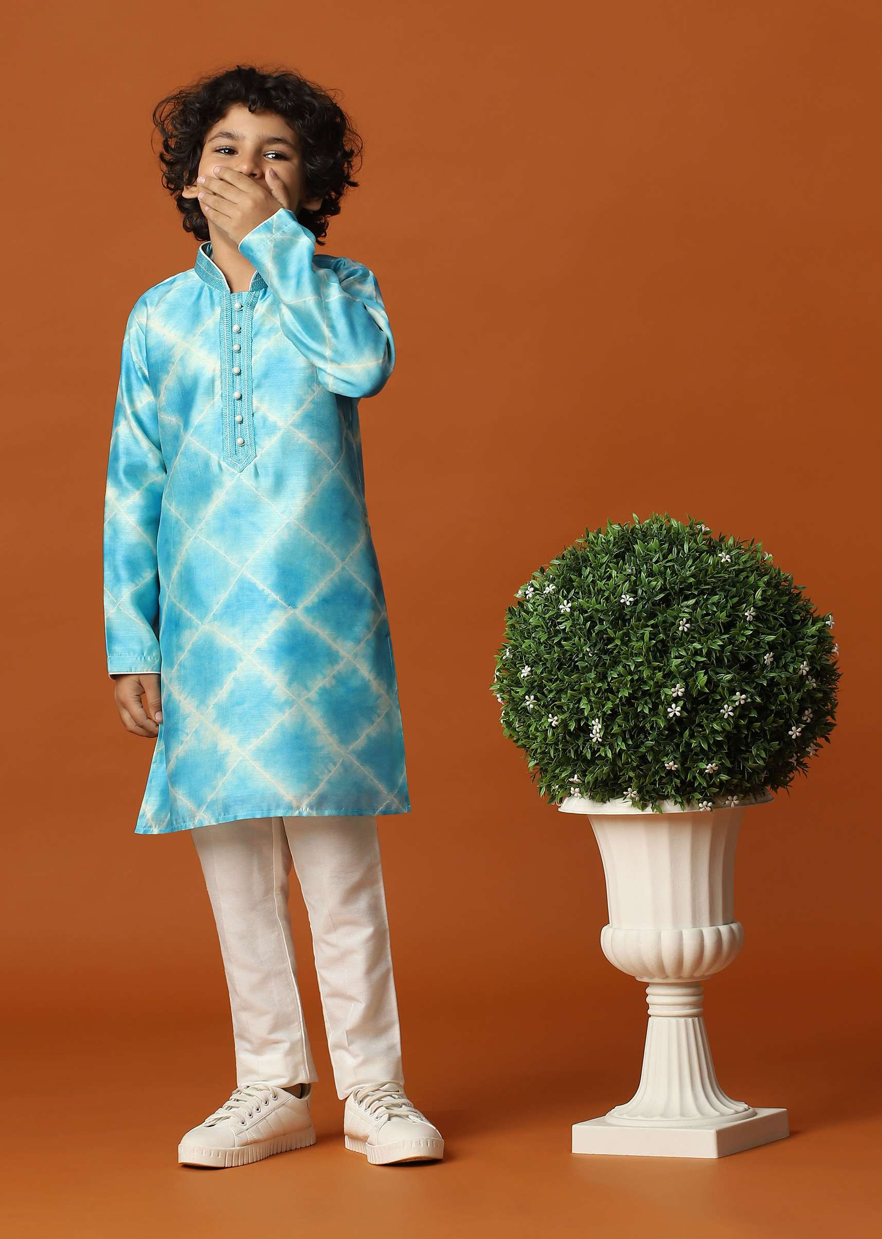 Kalki Sky Blue Boys Kurta Set In Silk With Threadwork And Pearls Around The Yoke For Boys - Image 3
