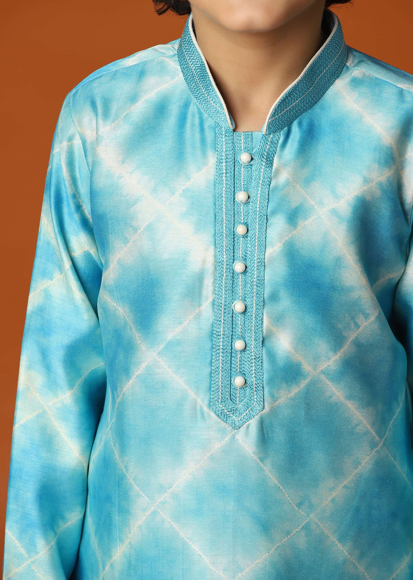 Kalki Sky Blue Boys Kurta Set In Silk With Threadwork And Pearls Around The Yoke For Boys - Image 4