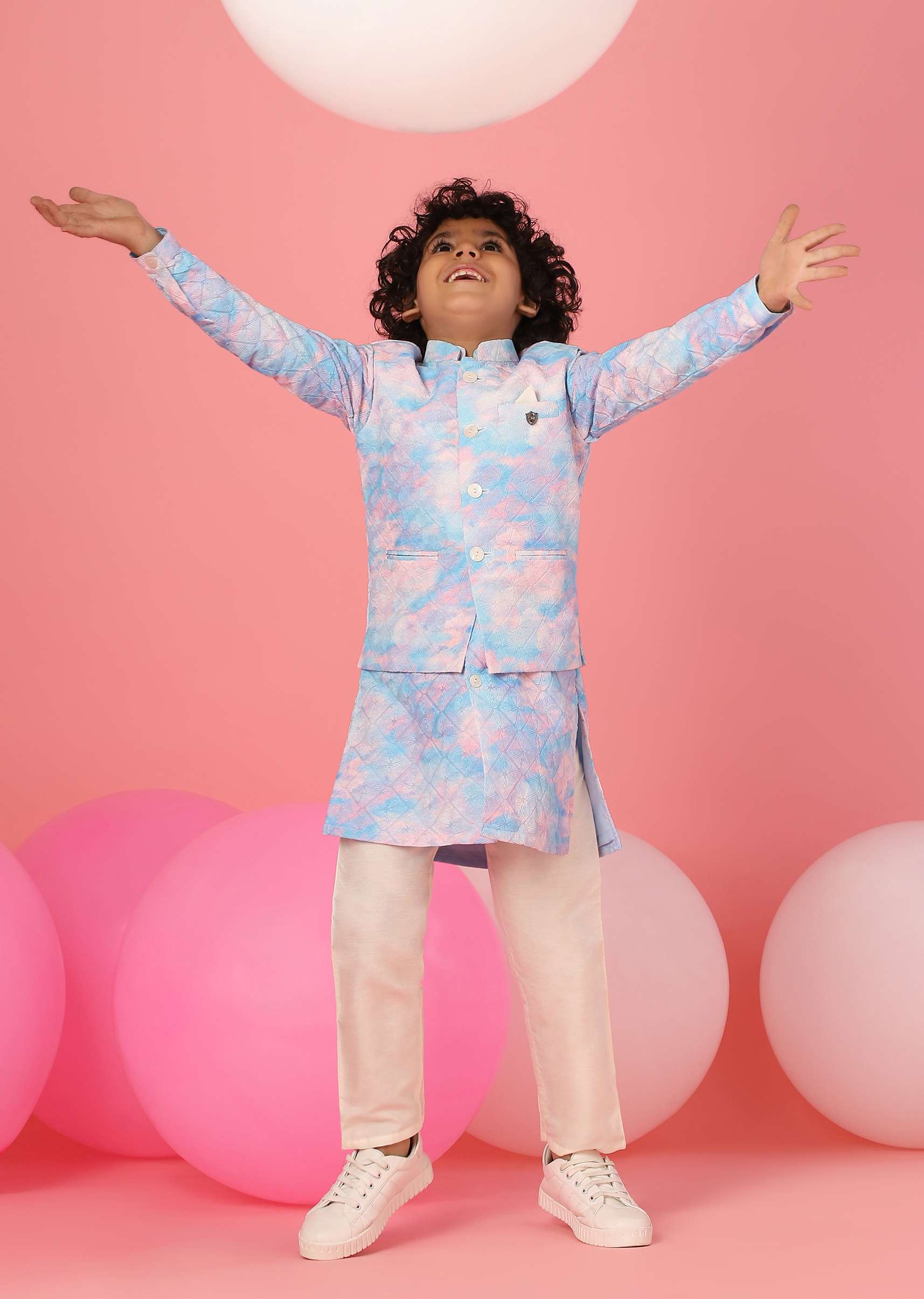 Kalki Sky Blue Tie-Dye Bandi Jacket Set In Silk With Threadwork For Boys - Image 3