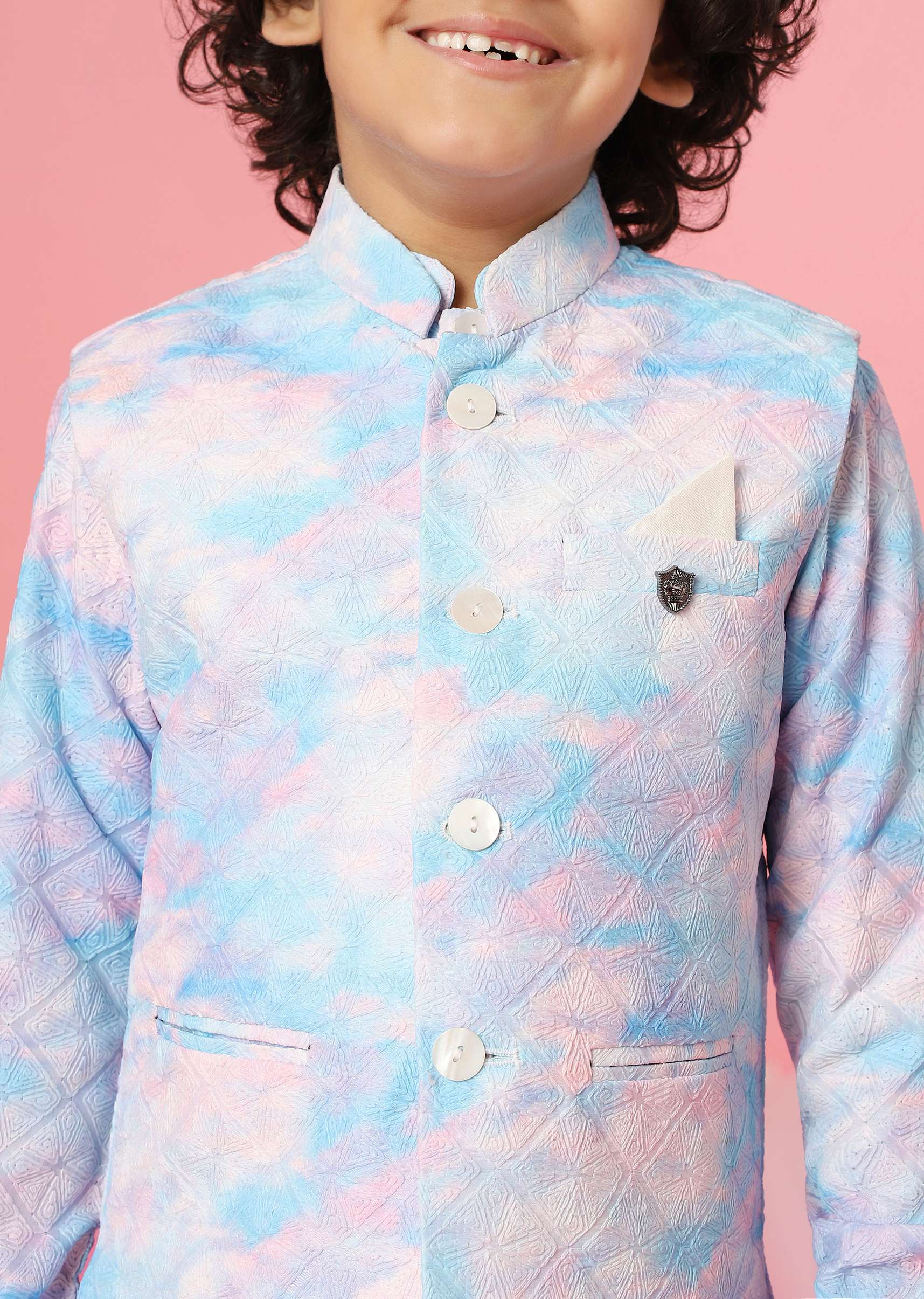 Kalki Sky Blue Tie-Dye Bandi Jacket Set In Silk With Threadwork For Boys - Image 4