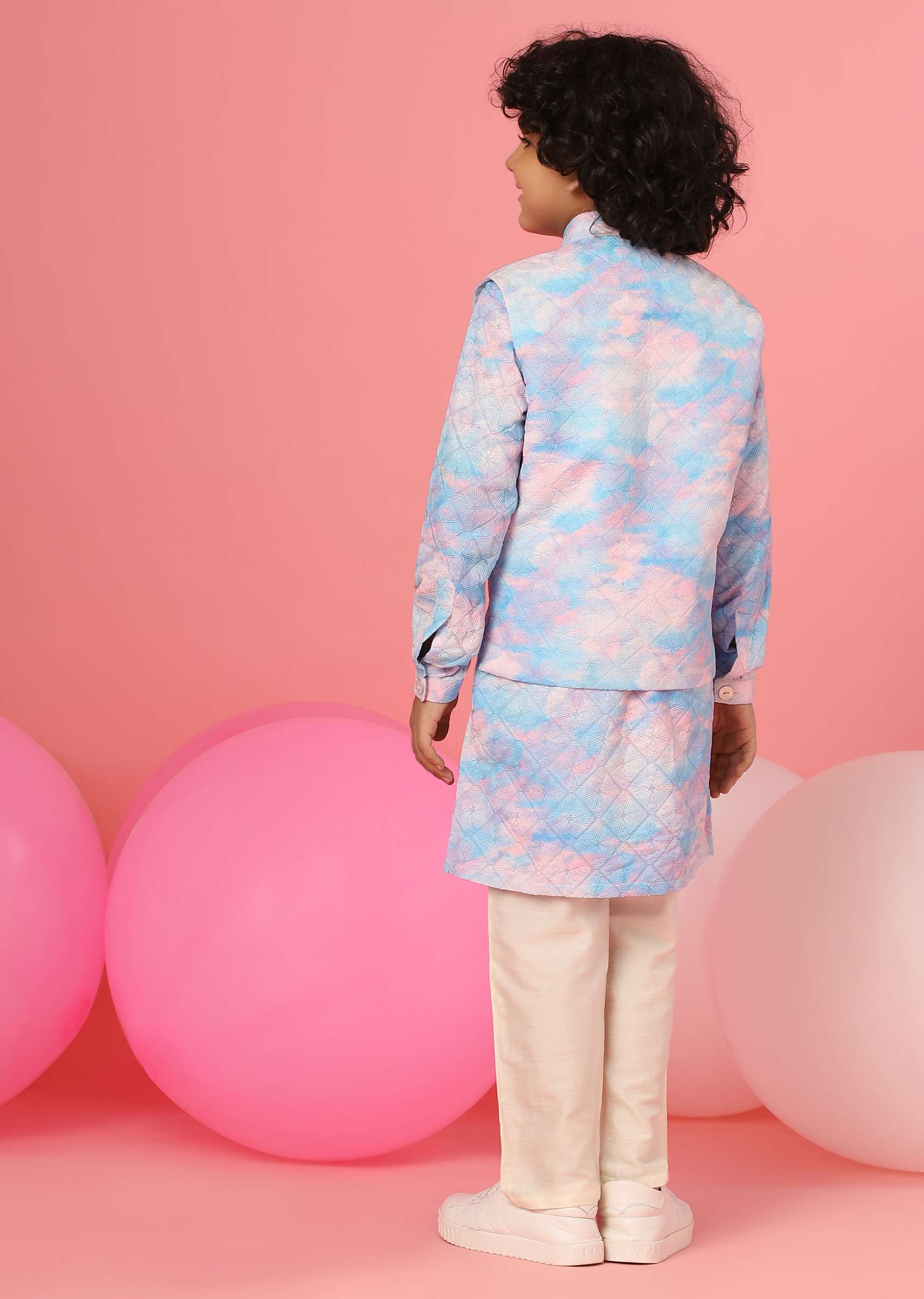 Kalki Sky Blue Tie-Dye Bandi Jacket Set In Silk With Threadwork For Boys - Image 5