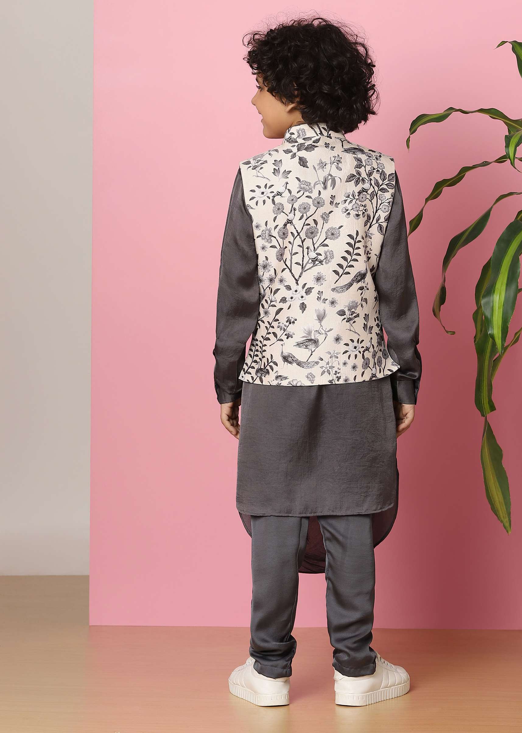 Kalki Slate Grey Kurta Set In Silk With Mughal Floral Print For Boys - Image 5