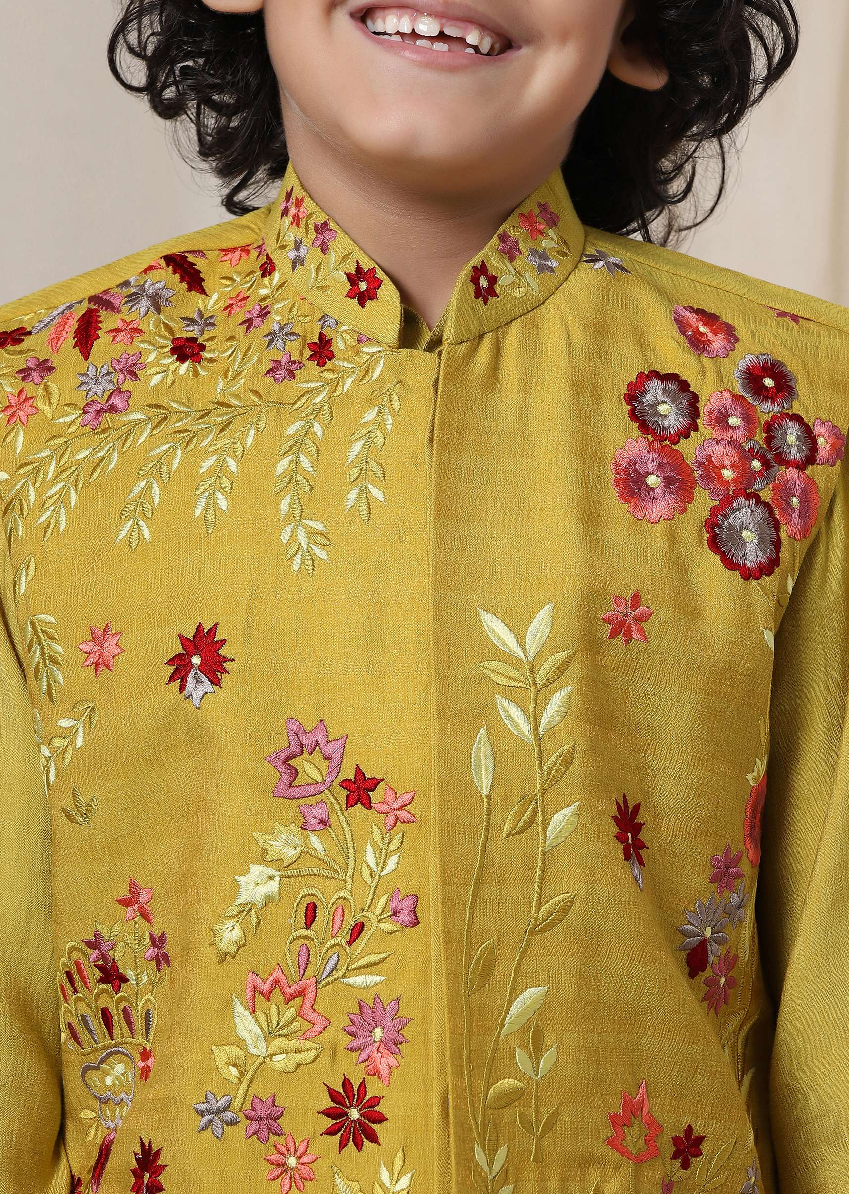 Kalki Sulphur Yellow Embroidered Bandi Kurta Set In Silk For Boys - Image 2