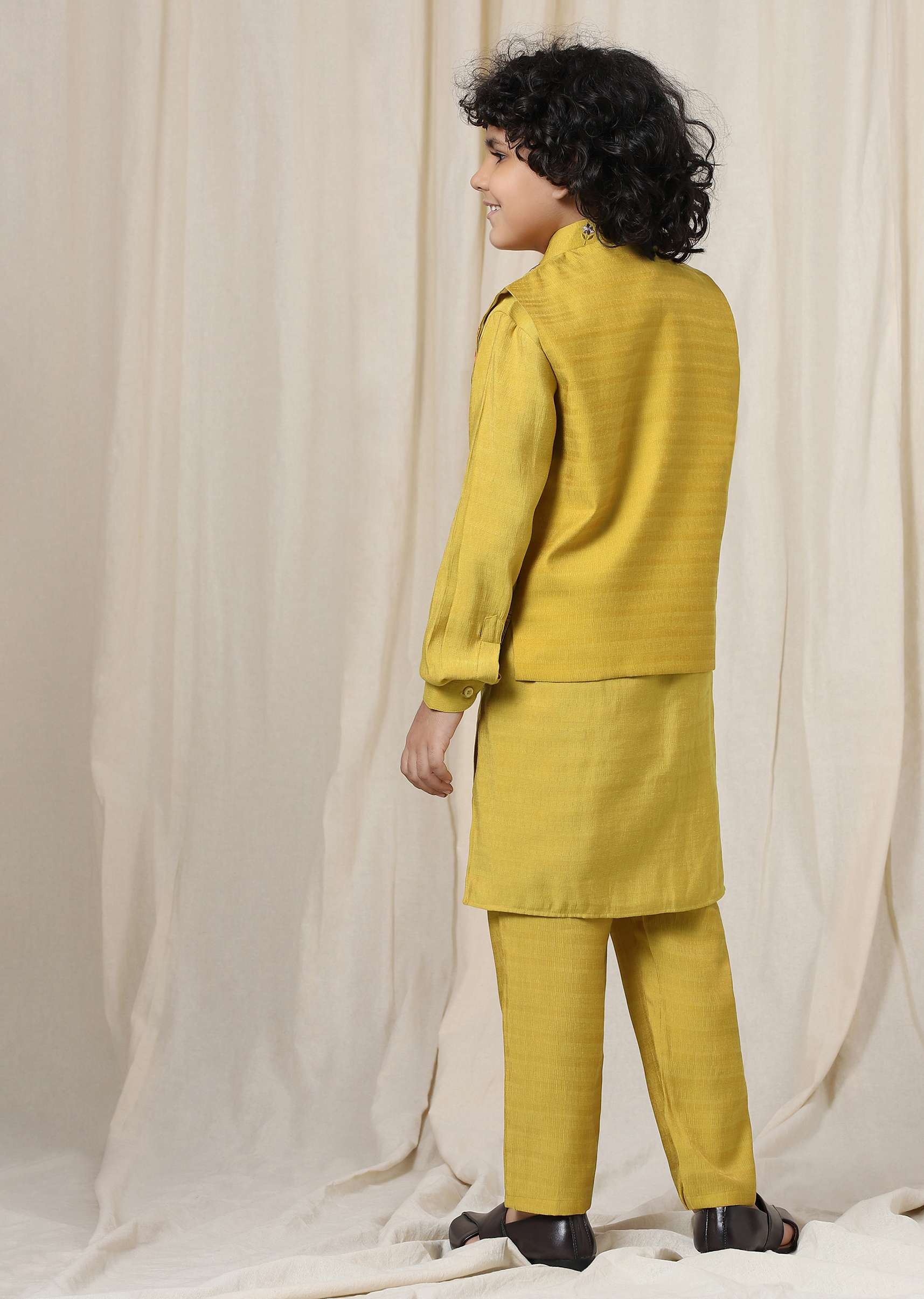 Kalki Sulphur Yellow Embroidered Bandi Kurta Set In Silk For Boys - Image 5