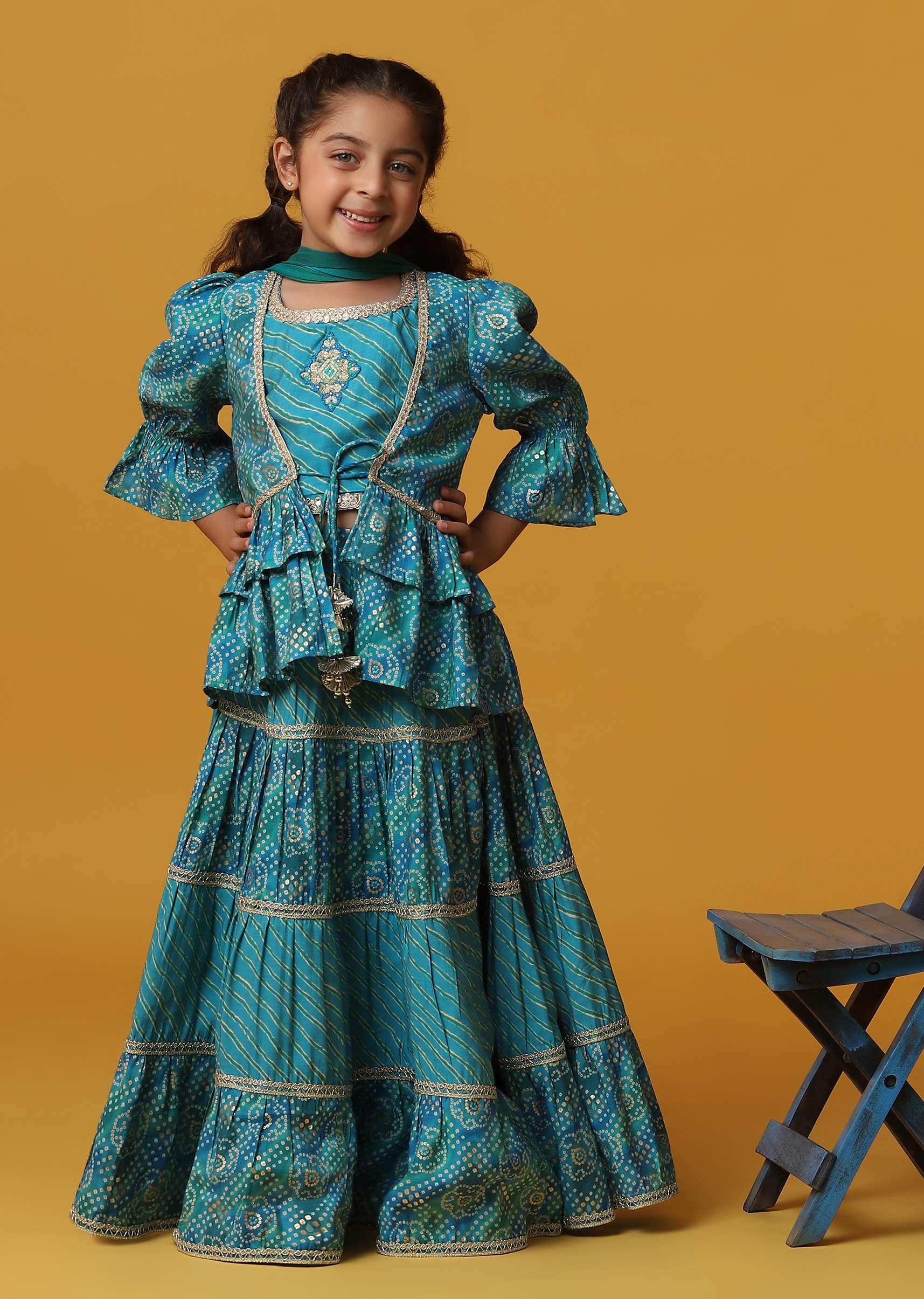 Kalki Teal Blue Lehenga And Top Set With Jacket In Cotton With Gotta Work For Girls - Image 3