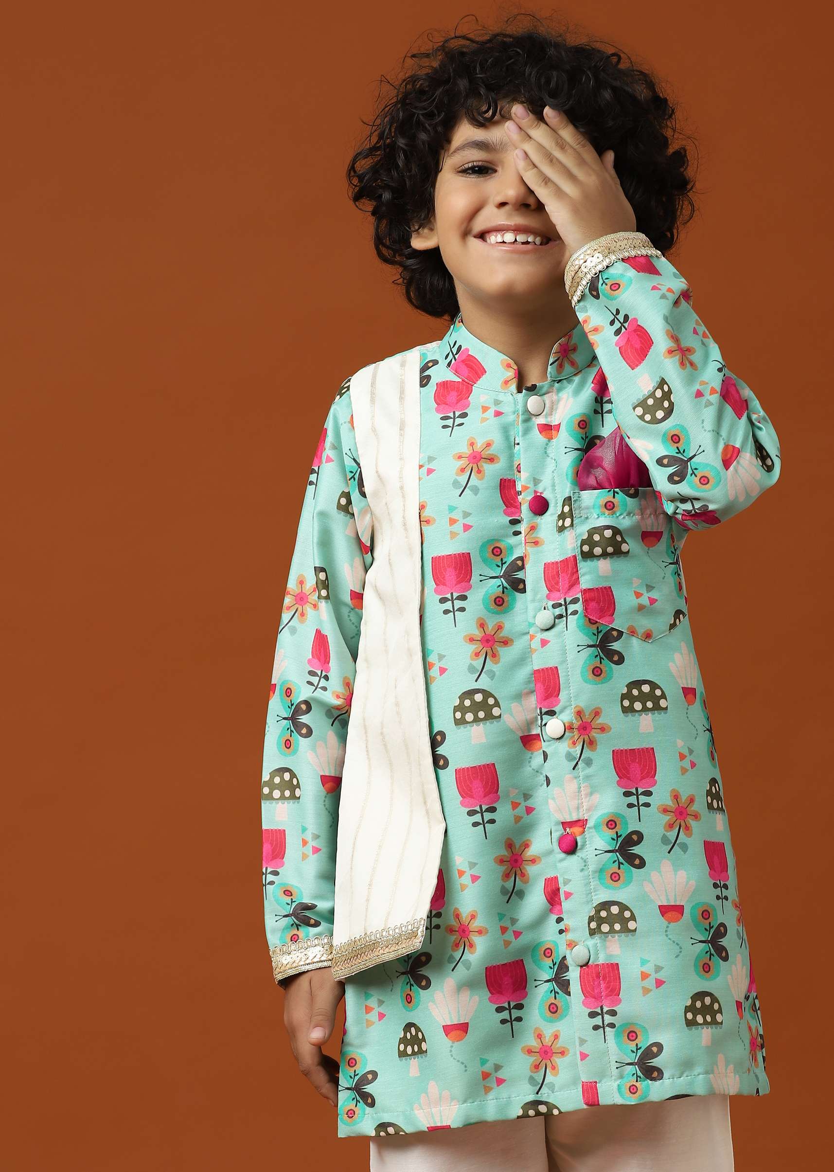 Kalki Teal Green Printed Kurta Set In Cotton Silk For Boys - Image 2