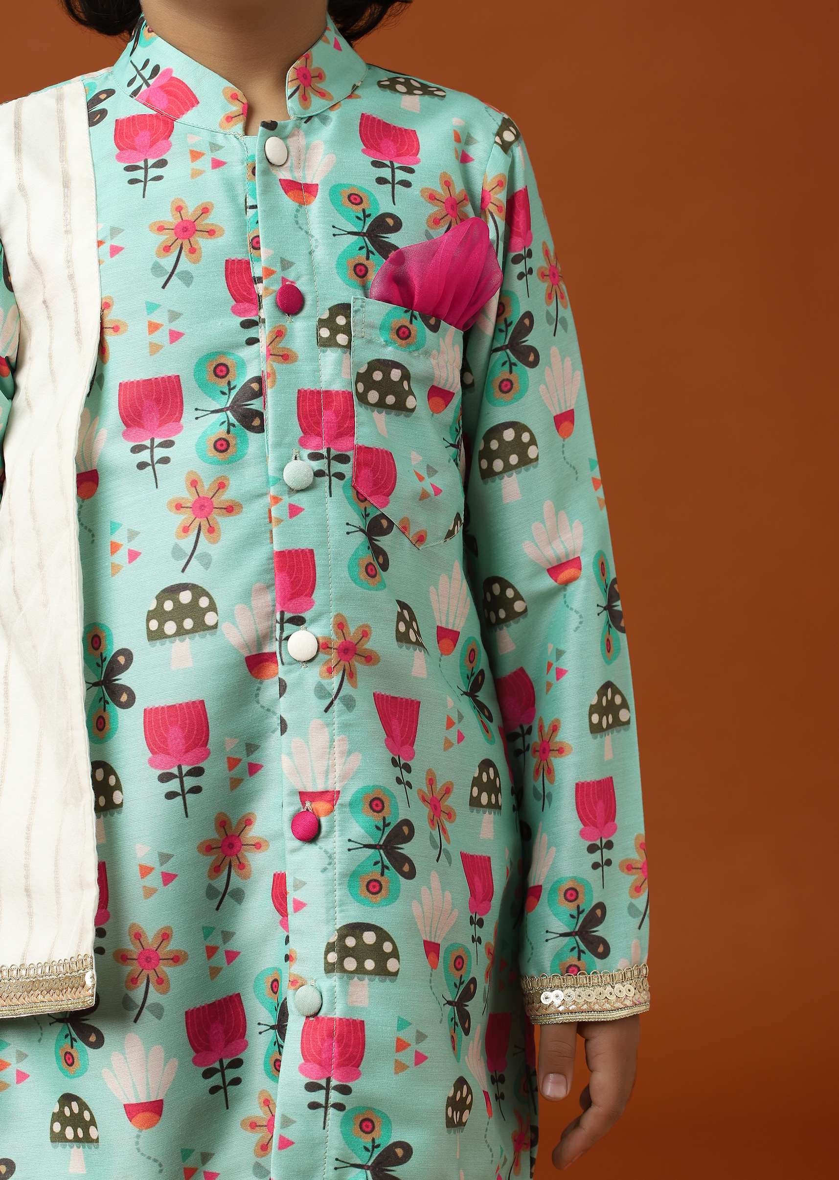 Kalki Teal Green Printed Kurta Set In Cotton Silk For Boys - Image 4