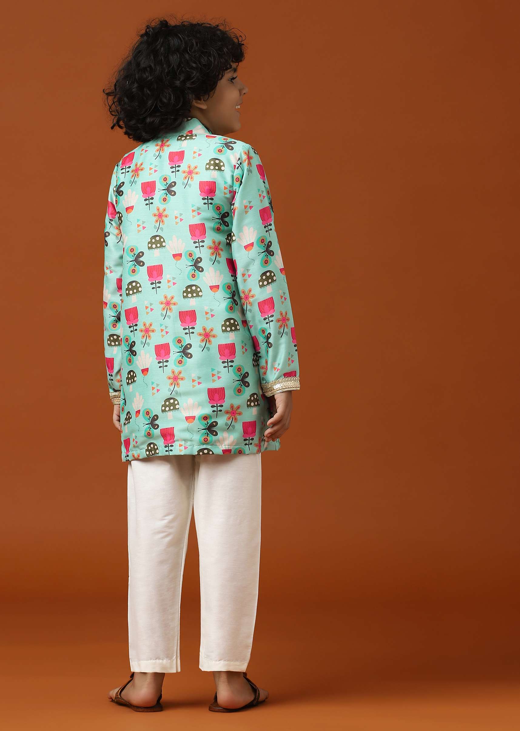 Kalki Teal Green Printed Kurta Set In Cotton Silk For Boys - Image 5