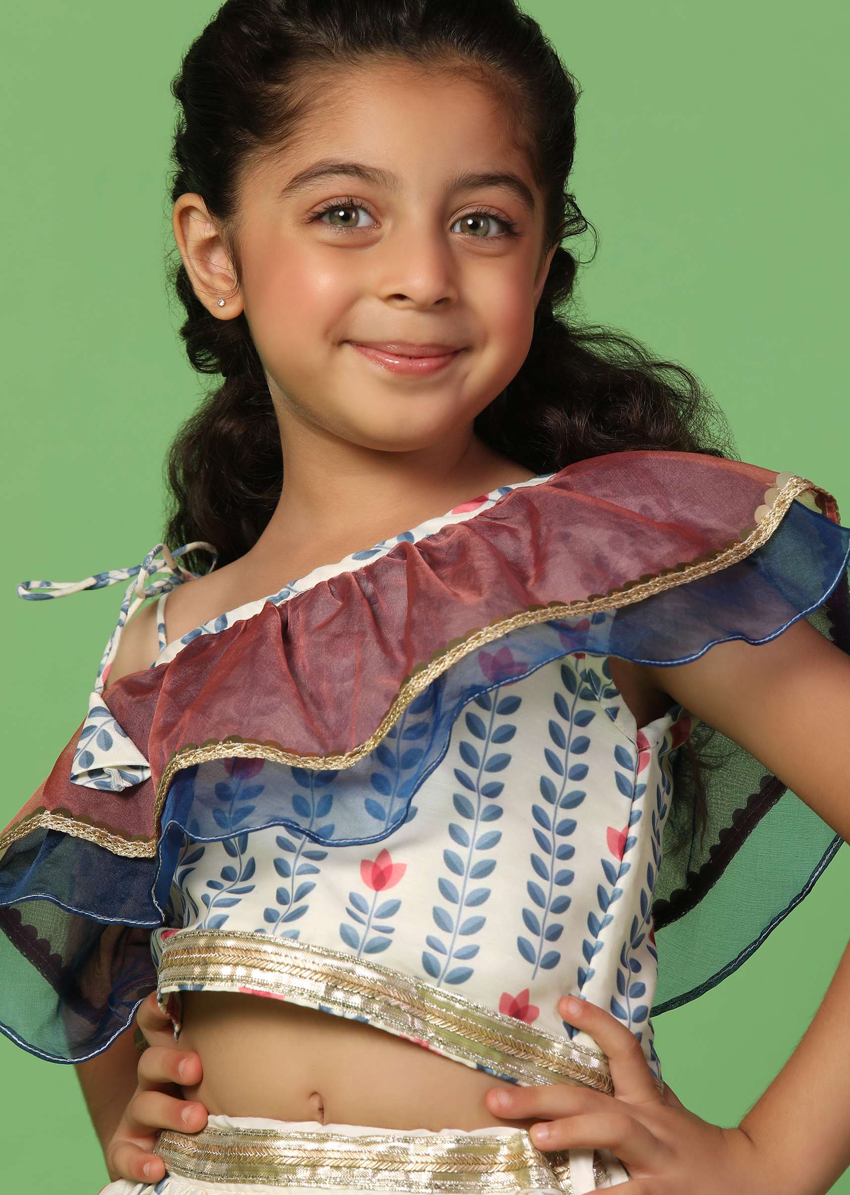 Kalki White Printed Top And Lehenga Set In Cotton Silk For Girls - Image 4