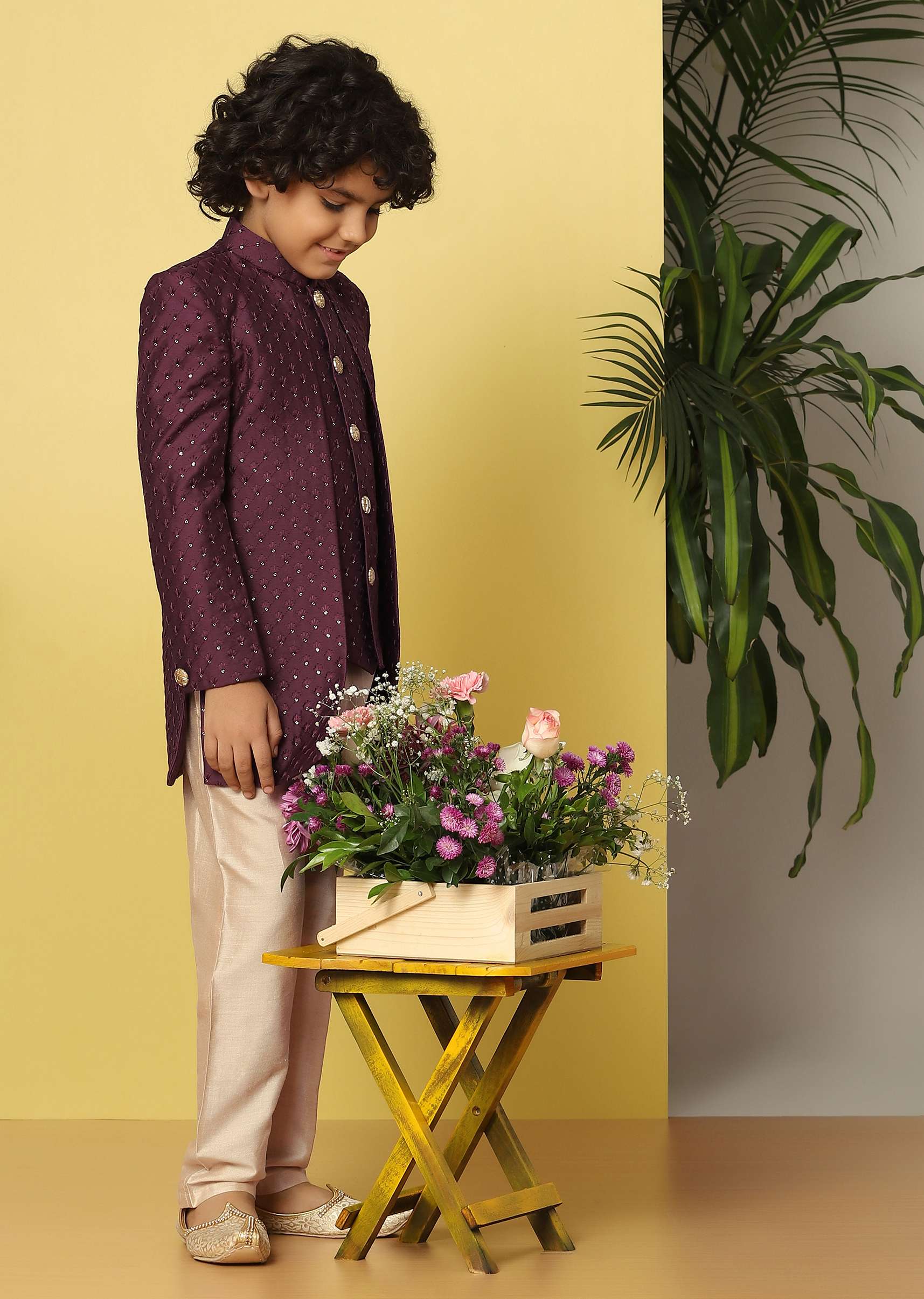 Kalki Wine Embroidered Sherwani Set In Raw Silk With Threadwork And Sequins For Boys - Image 3