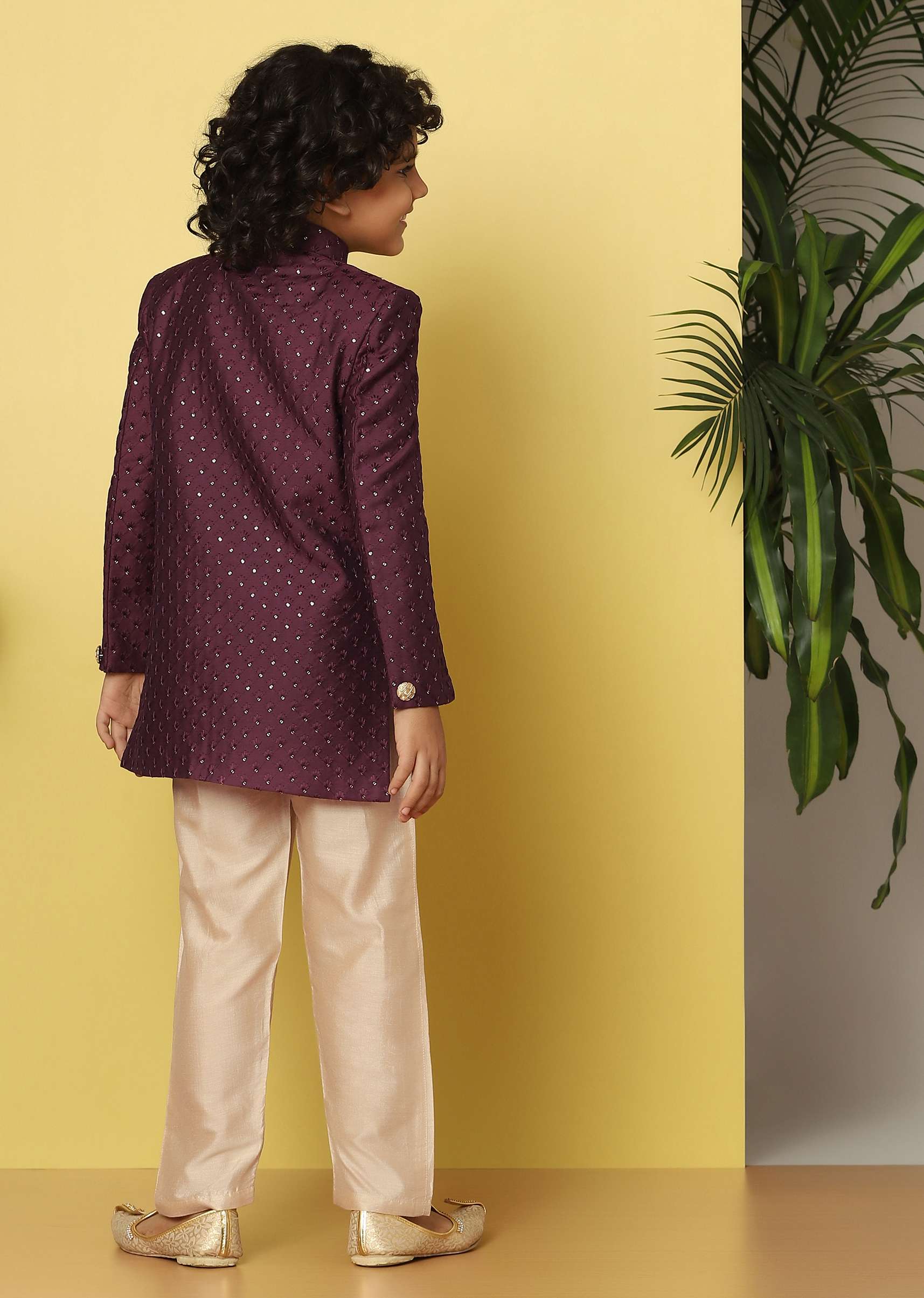 Kalki Wine Embroidered Sherwani Set In Raw Silk With Threadwork And Sequins For Boys - Image 4
