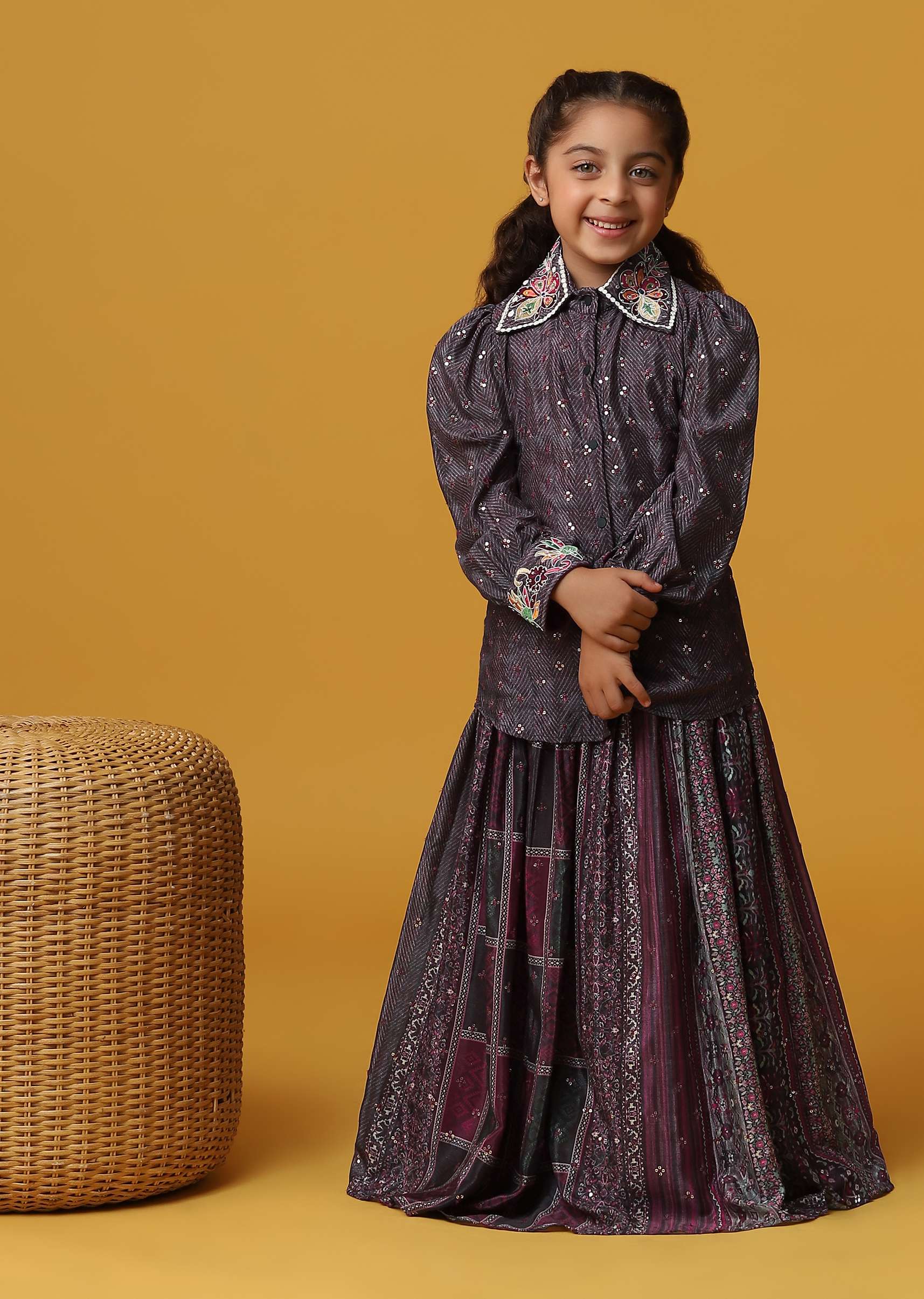 Kalki Wine Purple Top And Skirt With Sequins Embroidery In Chinon For Girls - Image 3