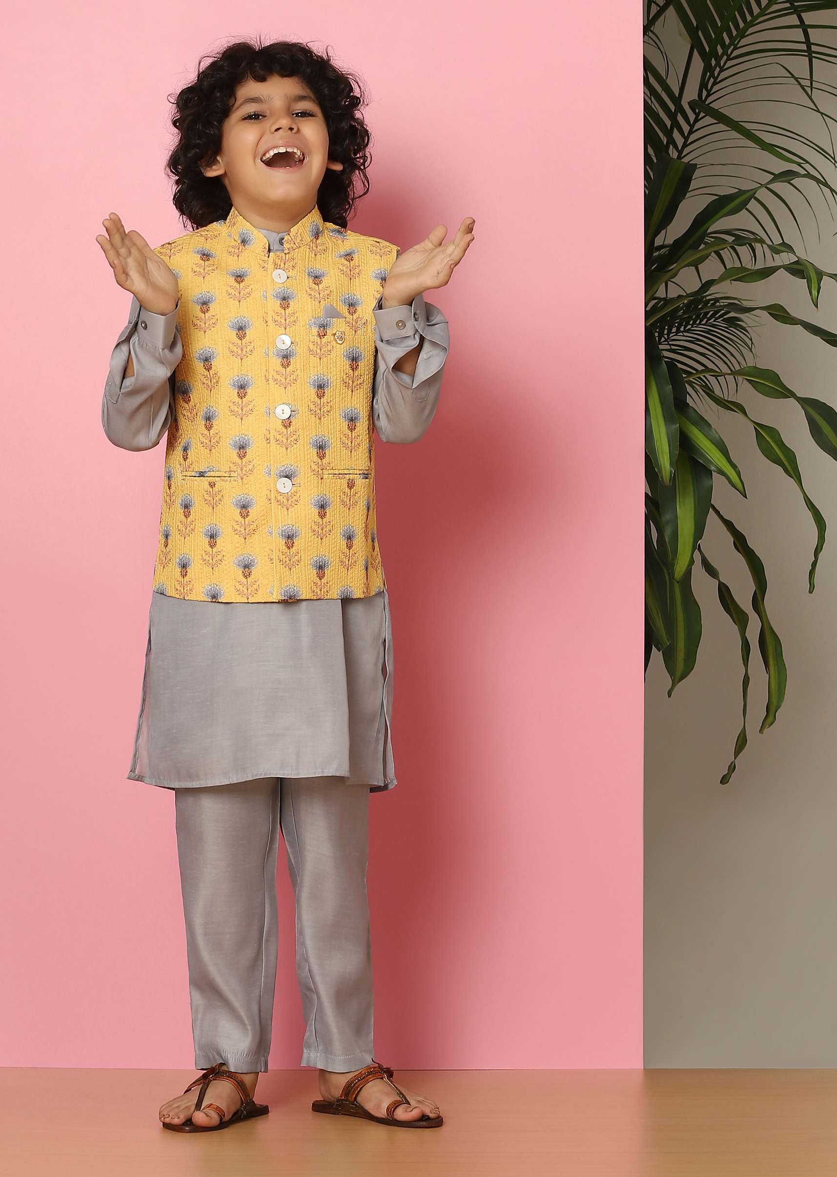Kalki Yellow Bandi Jacket And Kurta Set In Silk With Print For Boys - Image 3