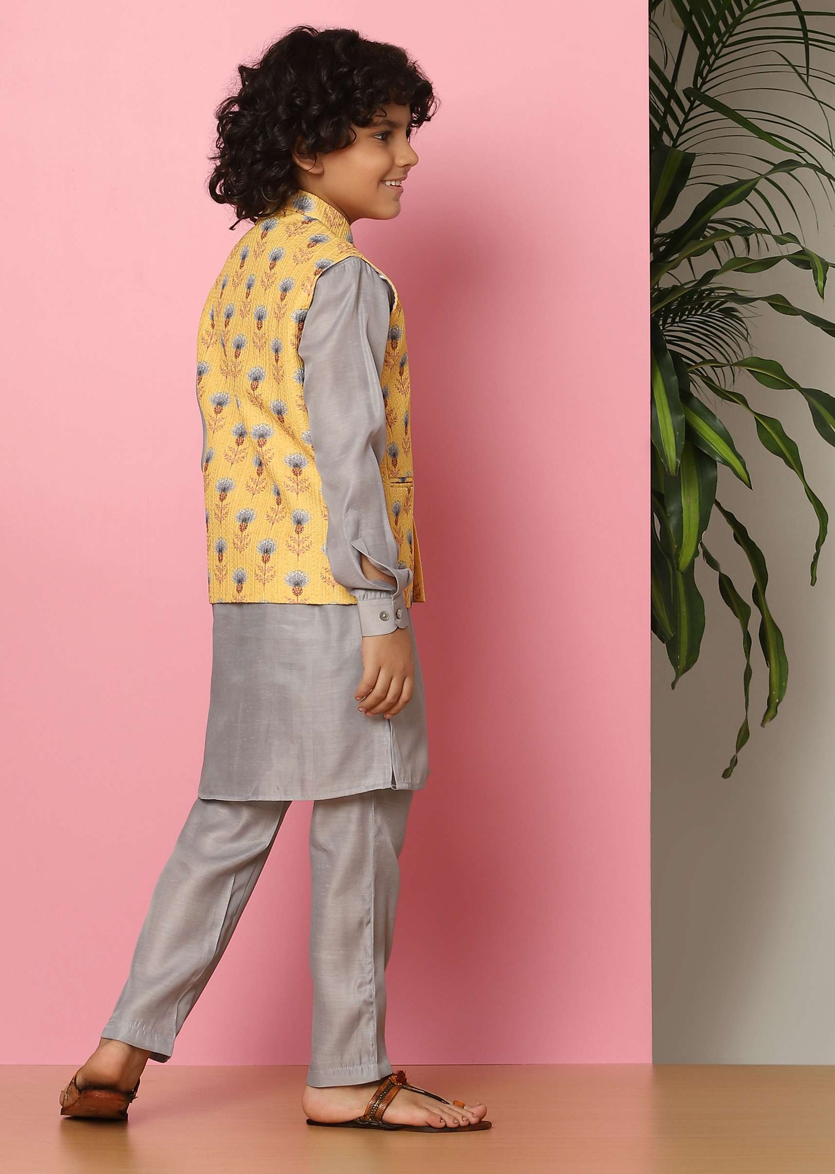 Kalki Yellow Bandi Jacket And Kurta Set In Silk With Print For Boys - Image 4