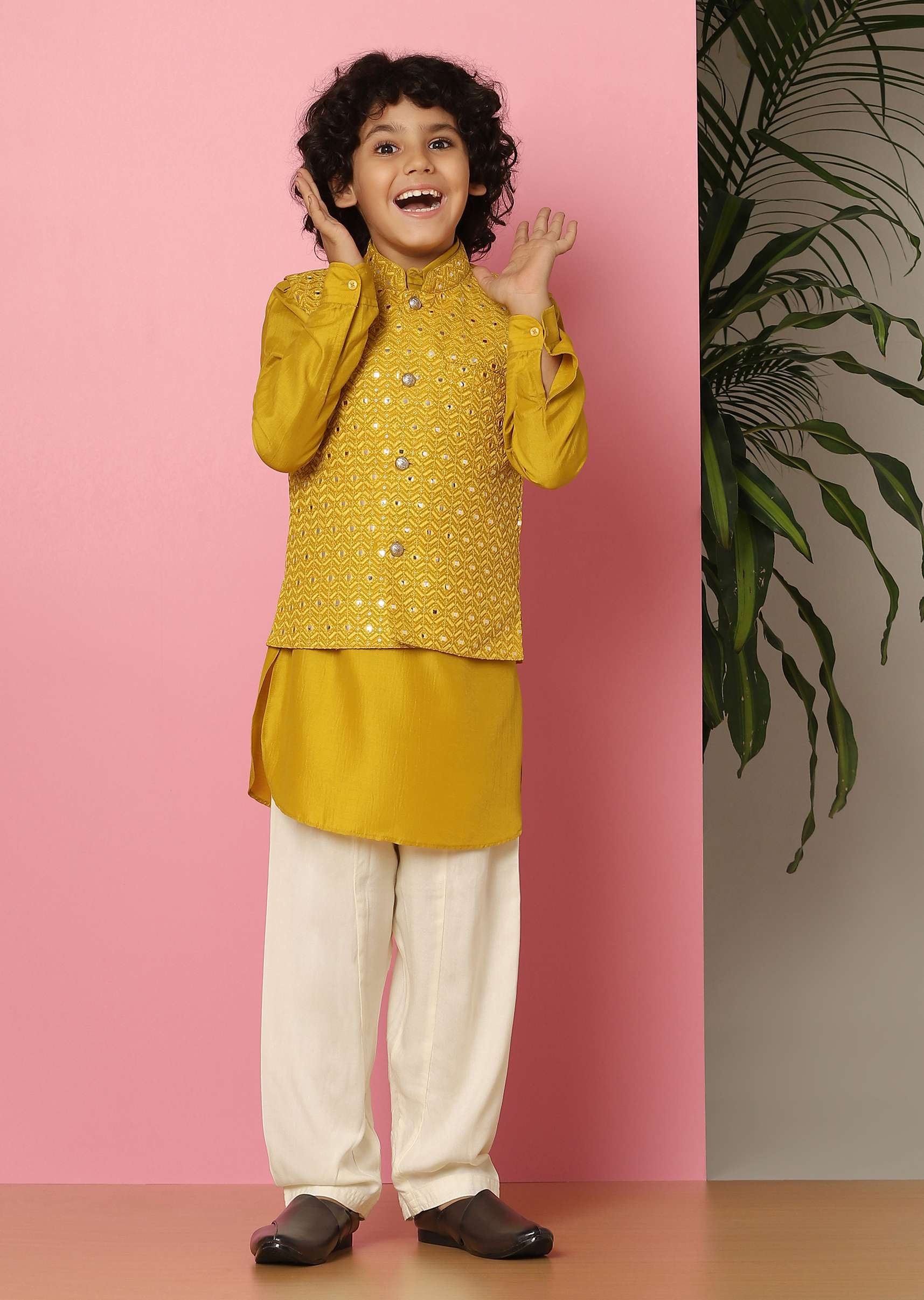 Kalki Yellow Embroidered Bandi Jacket Set With Abla Work For Boys - Image 3