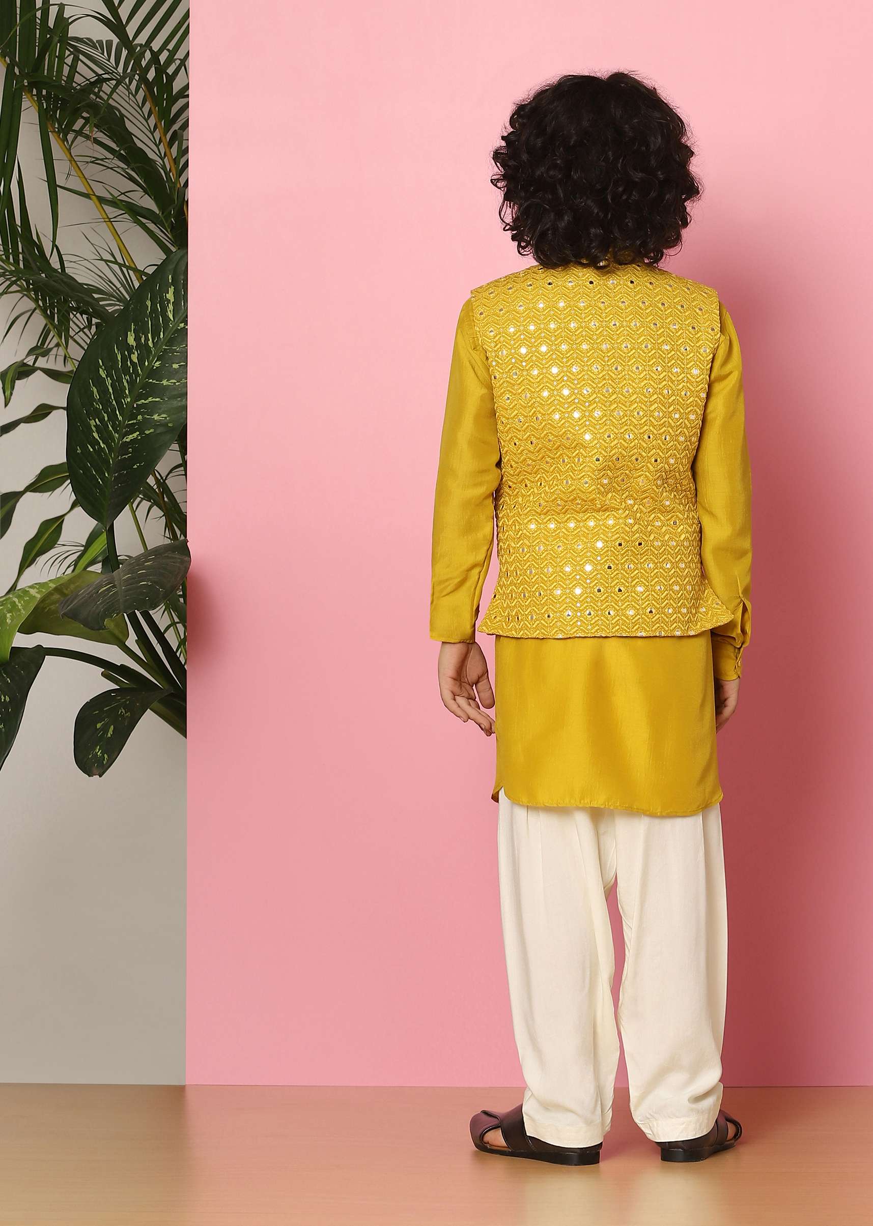 Kalki Yellow Embroidered Bandi Jacket Set With Abla Work For Boys - Image 4