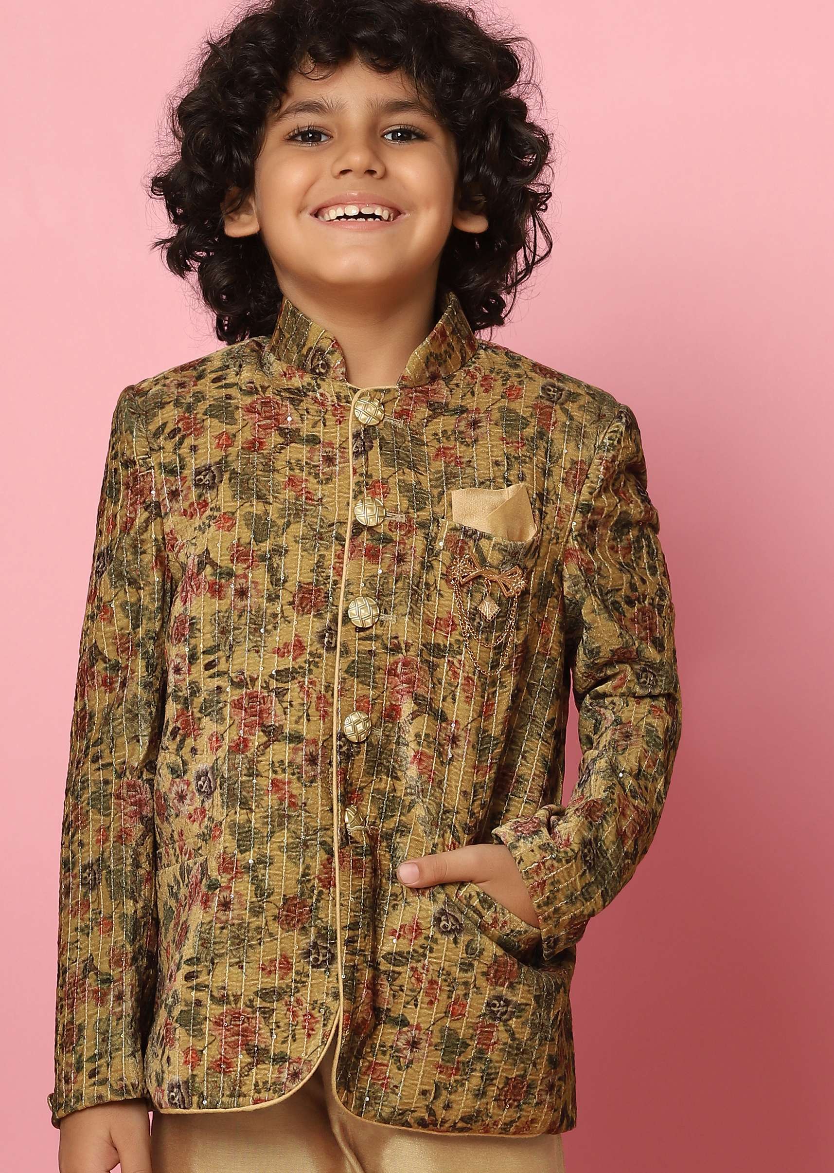 Kalki Yellow Velvet Sherwani Set With Sequins And Floral Print For Boys - Image 4