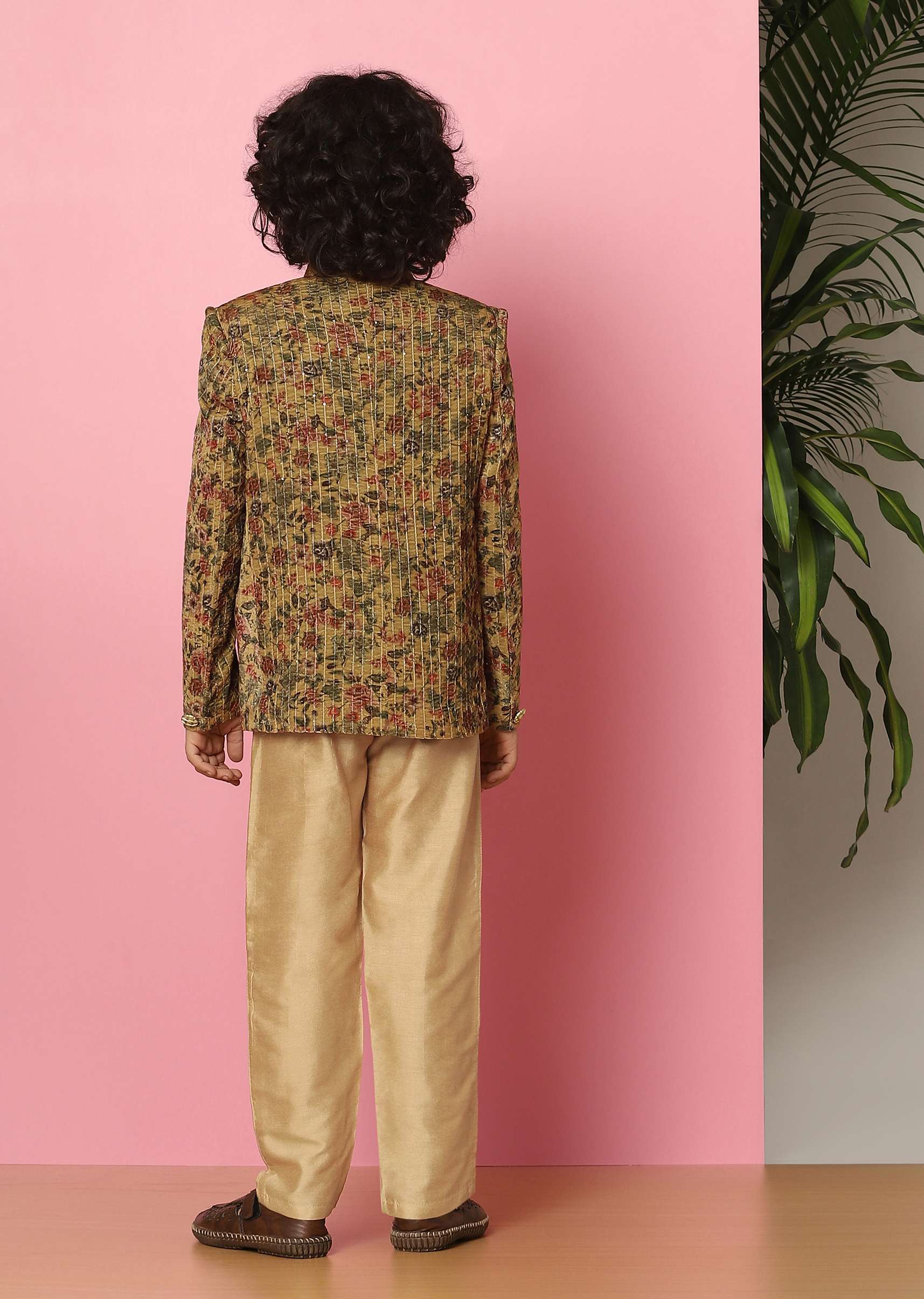Kalki Yellow Velvet Sherwani Set With Sequins And Floral Print For Boys - Image 5
