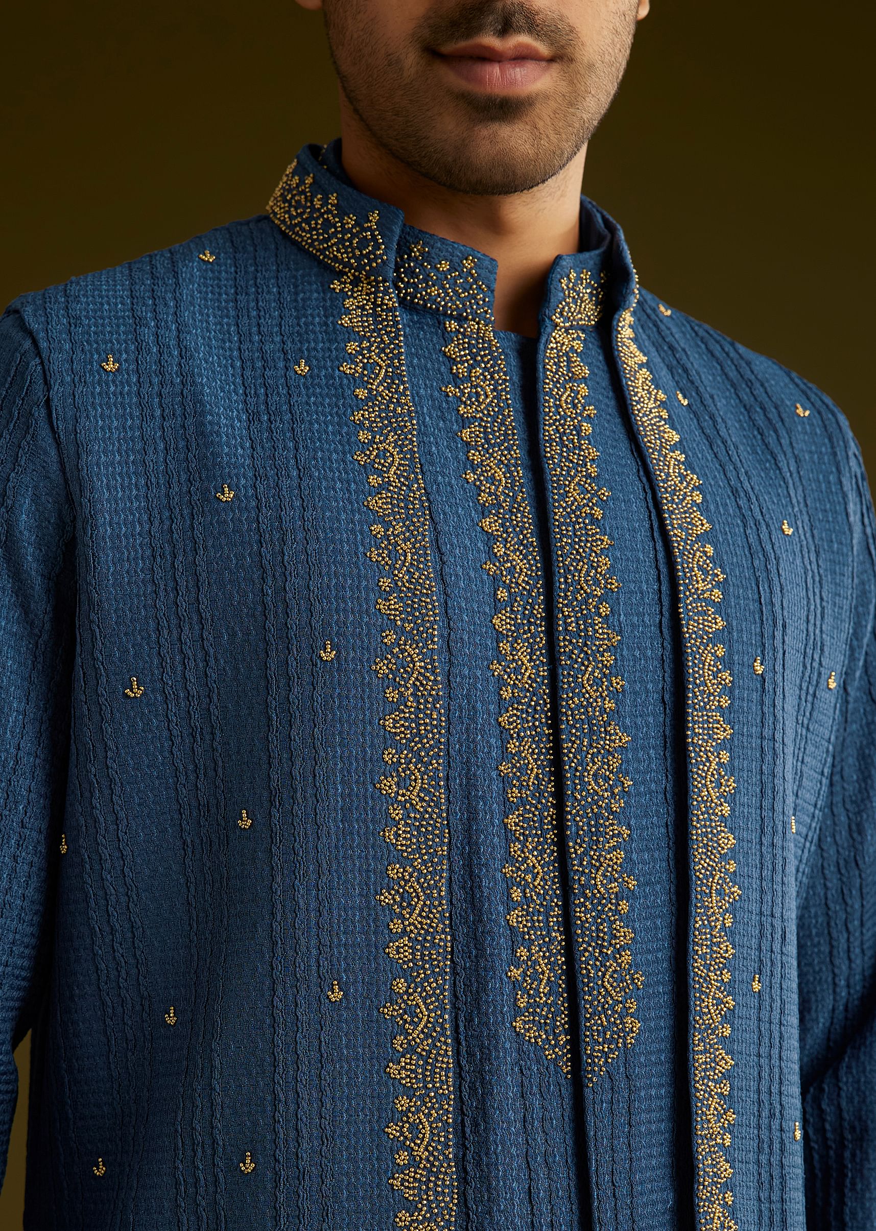 Knit Kurta Jacket Set With Moti Work In Navy Blue - Image 3