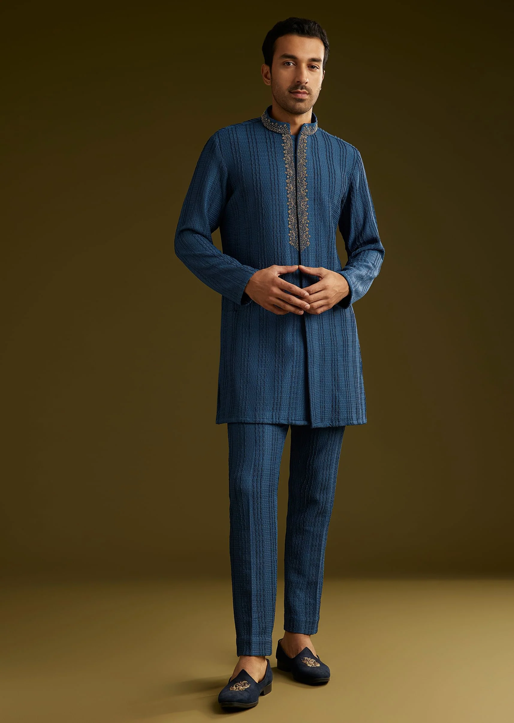 Knit Kurta Jacket Set With Moti Work In Navy Blue - Image 6