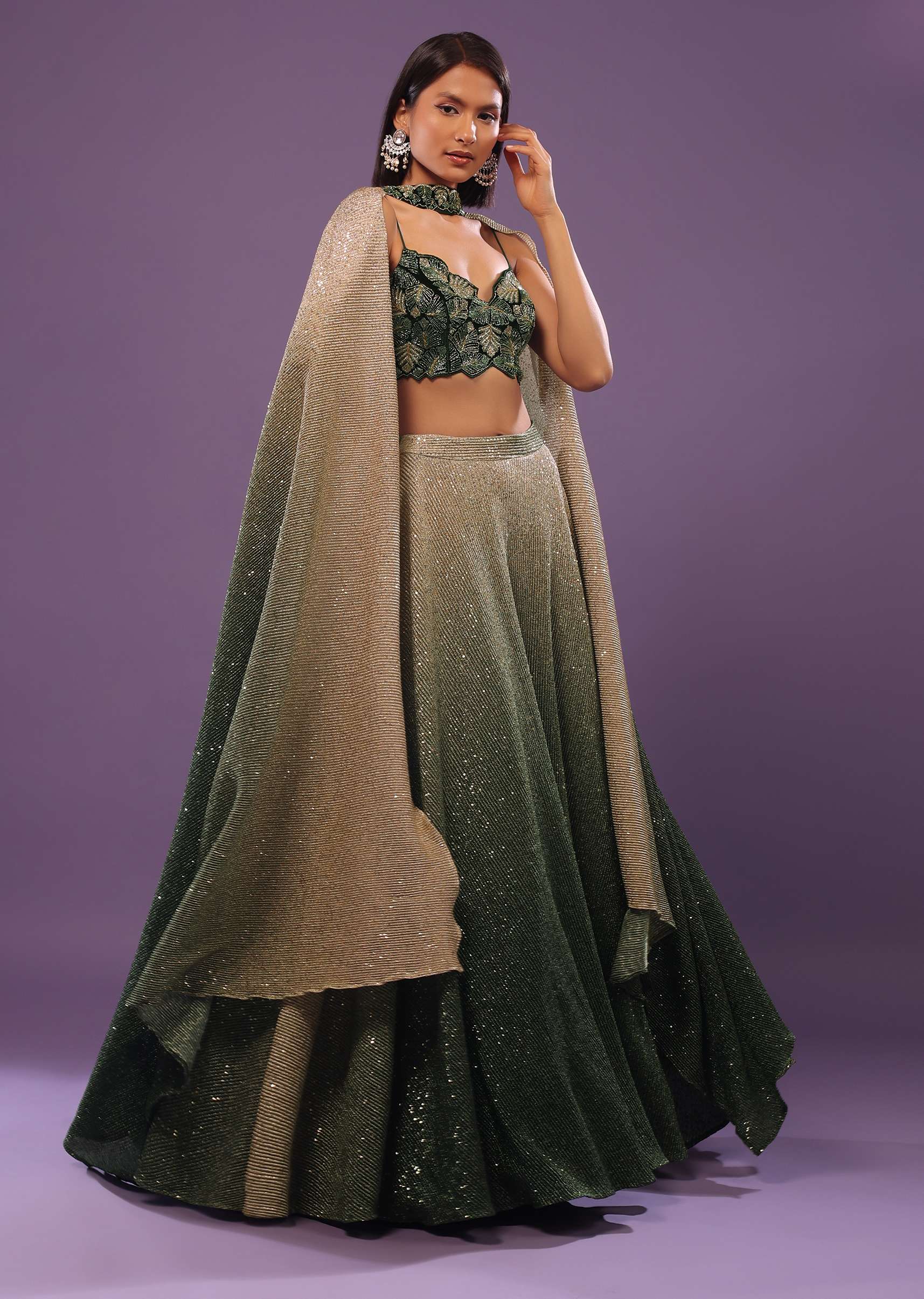 Deep Green Ombre And Gold Embroidered Lehenga Set With Sequins Embroidery - Image 3