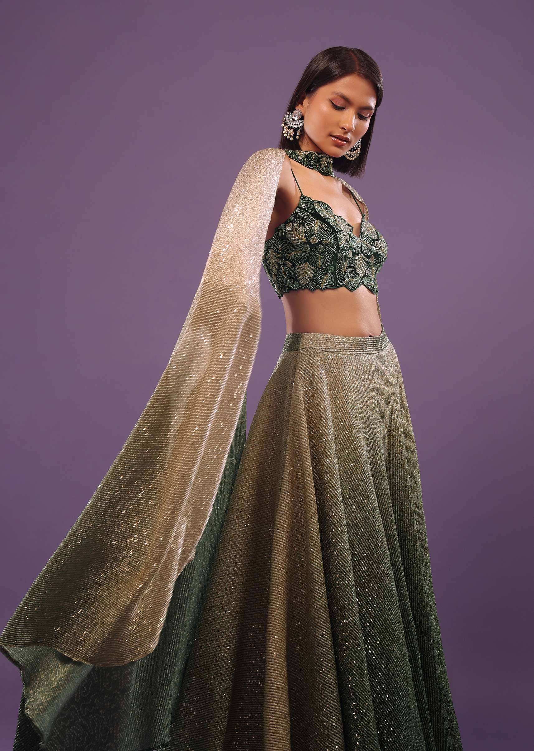 Deep Green Ombre And Gold Embroidered Lehenga Set With Sequins Embroidery - Image 4