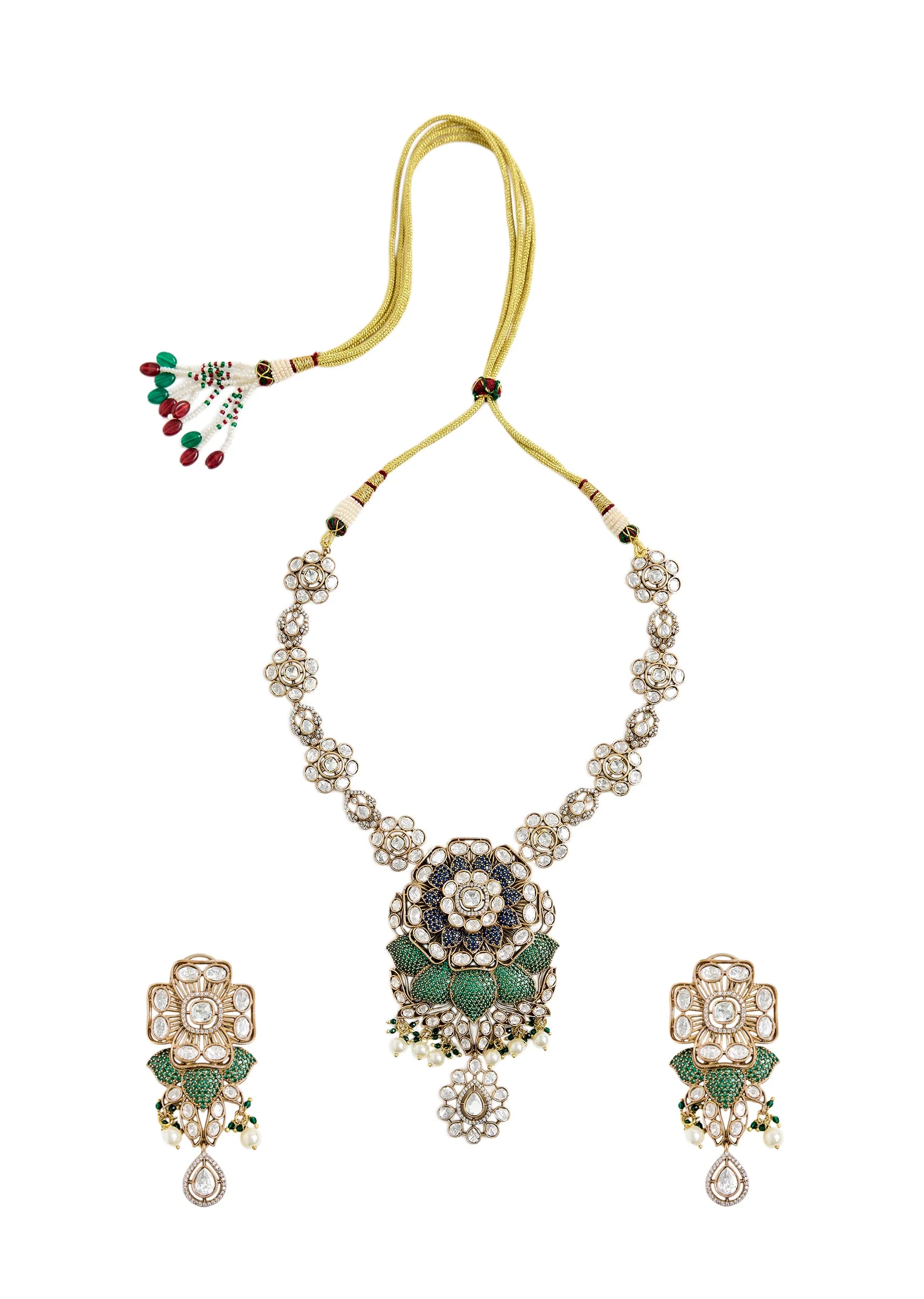 Kundan And Emerald Statement Necklace Set - Image 2