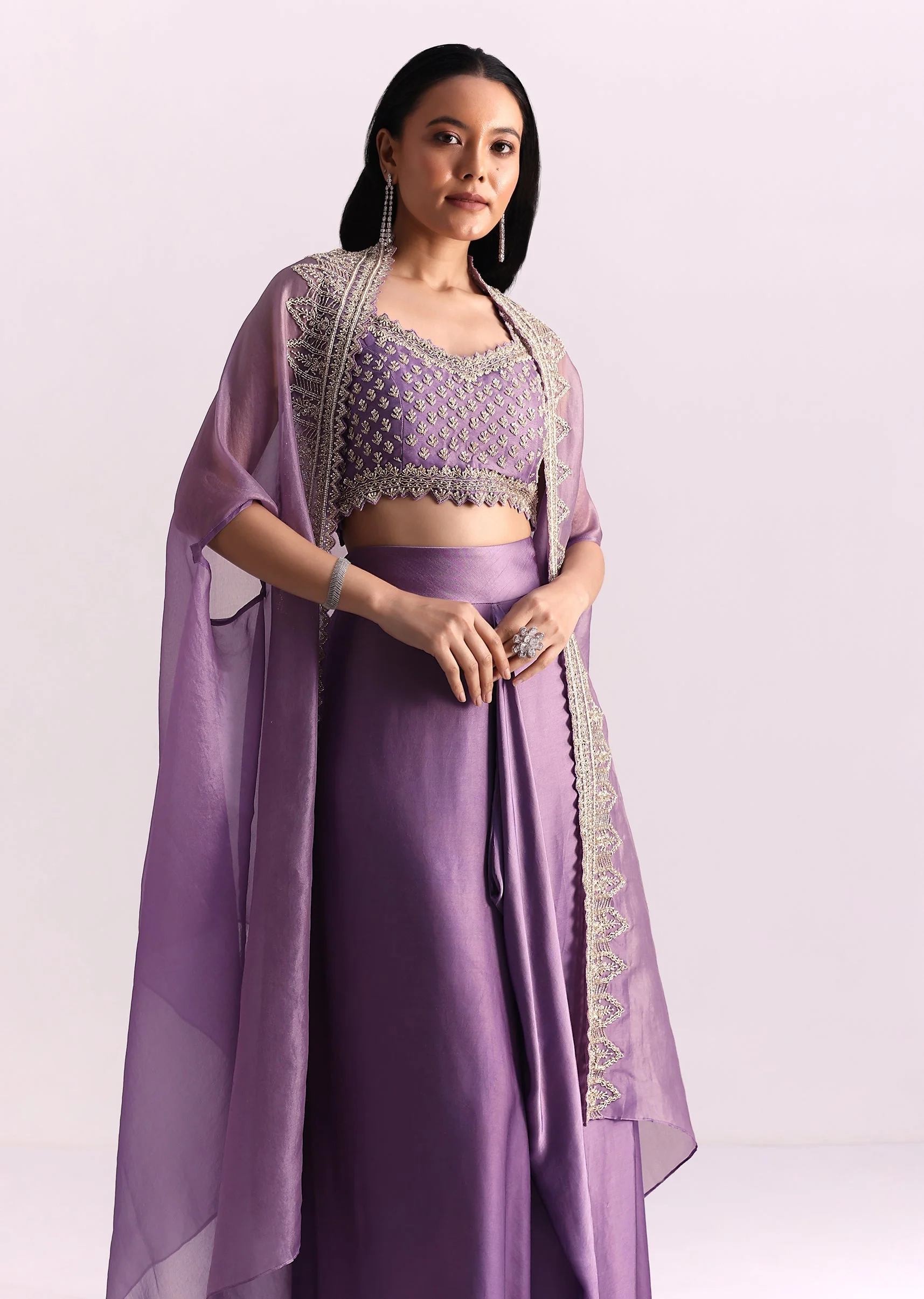Lavendar Embroidered Crop Top And Sequin Work Jacket With Draped Skirt - Image 8