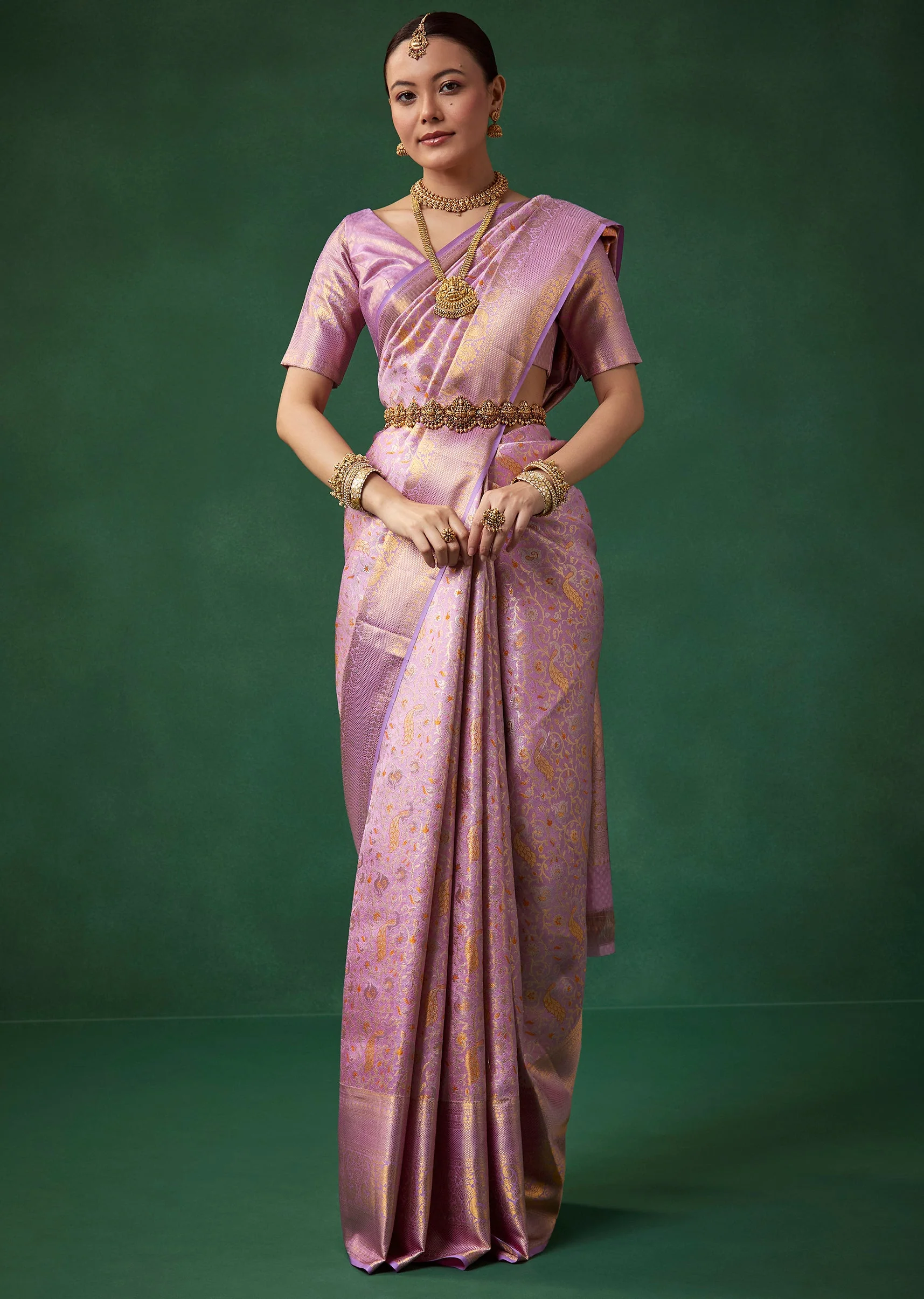Lavender Banarasi Brocade Saree with Unstitched Blouse - Image 3