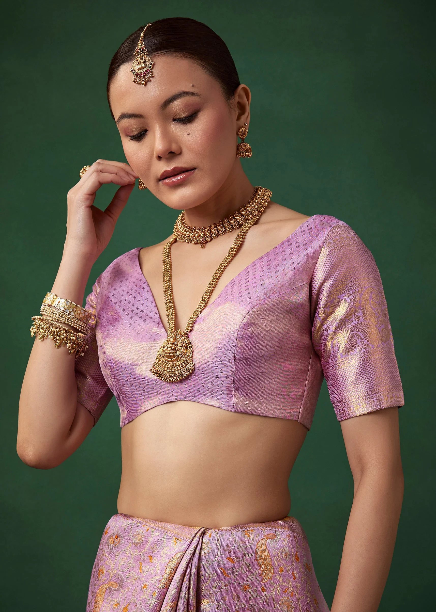 Lavender Banarasi Brocade Saree with Unstitched Blouse - Image 7
