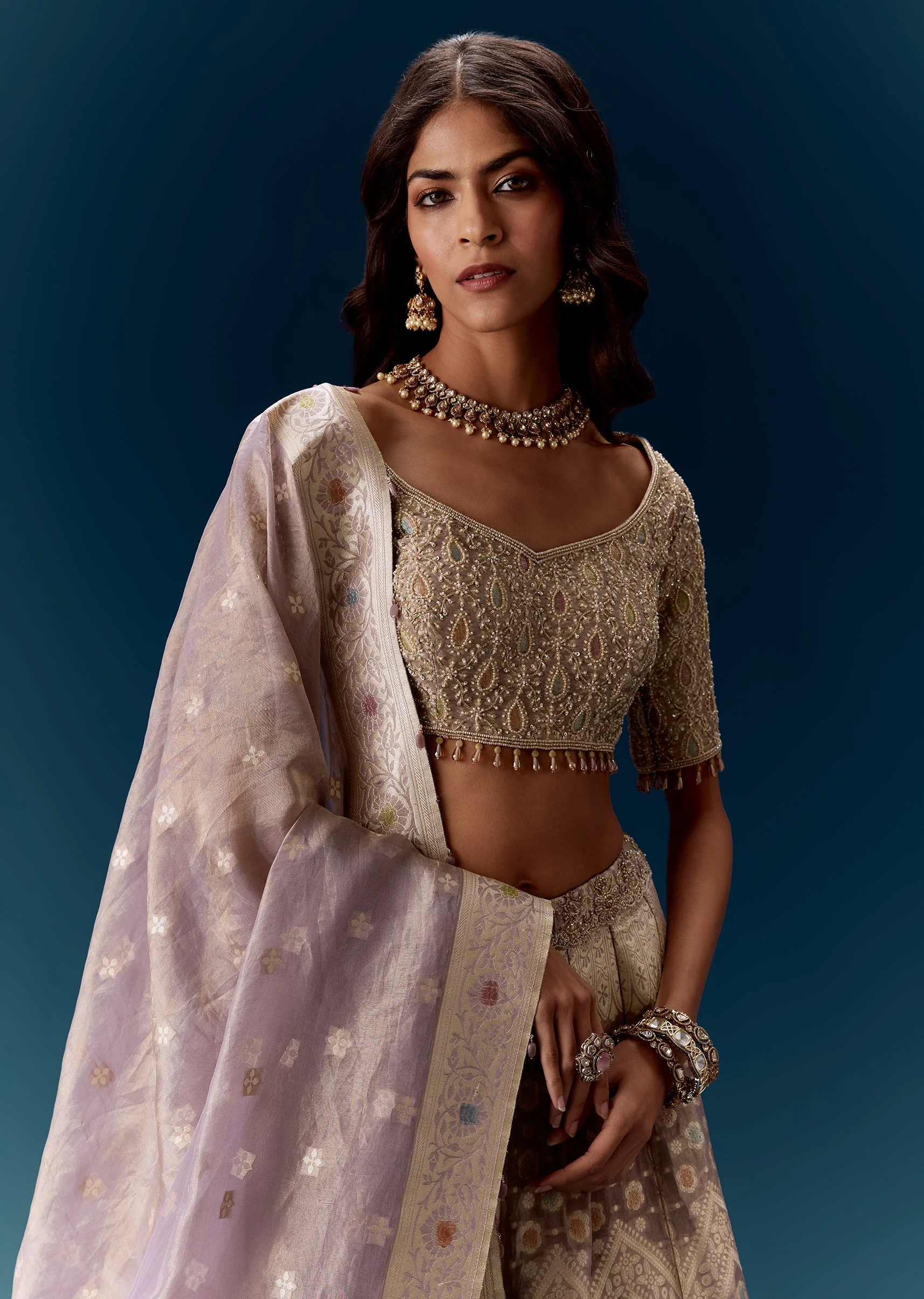 Lavender Banarasi Embroidered Bridal Lehenga With Dupatta - Image 3