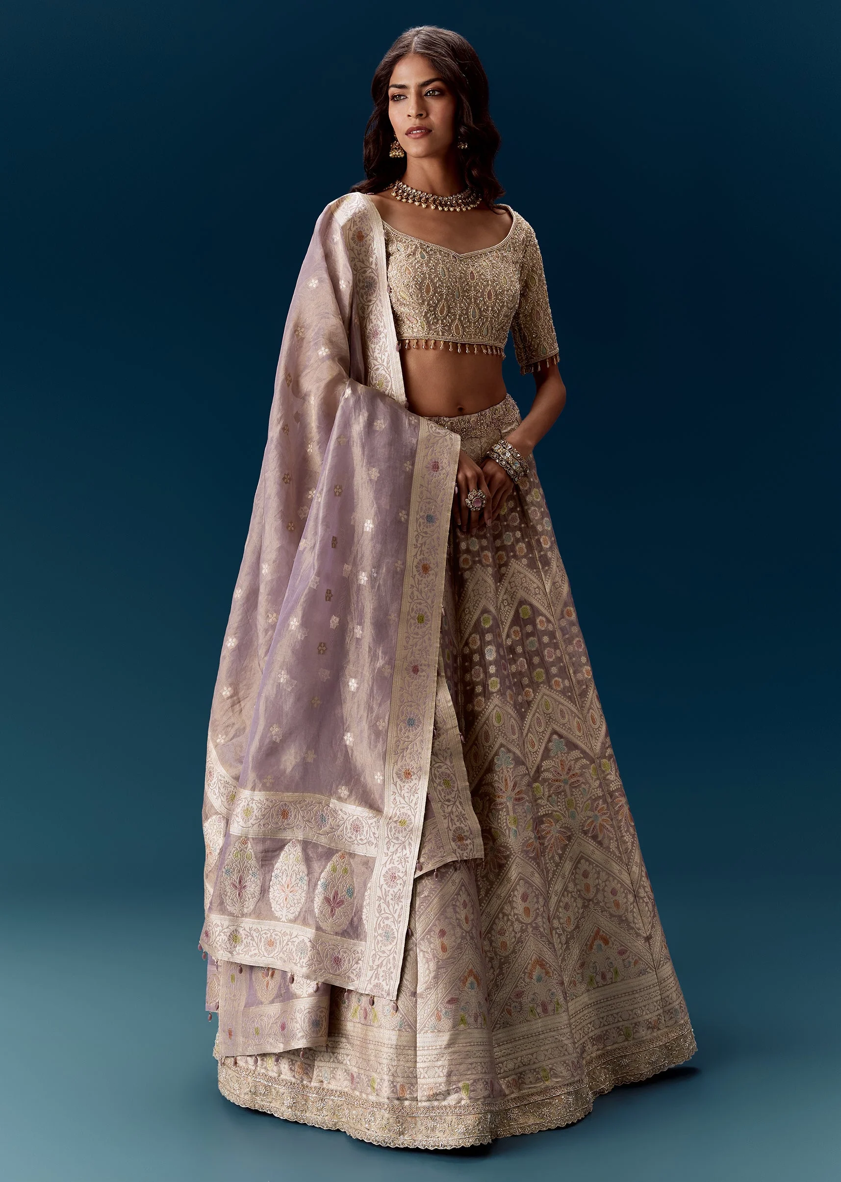 Lavender Banarasi Embroidered Bridal Lehenga With Dupatta - Image 4