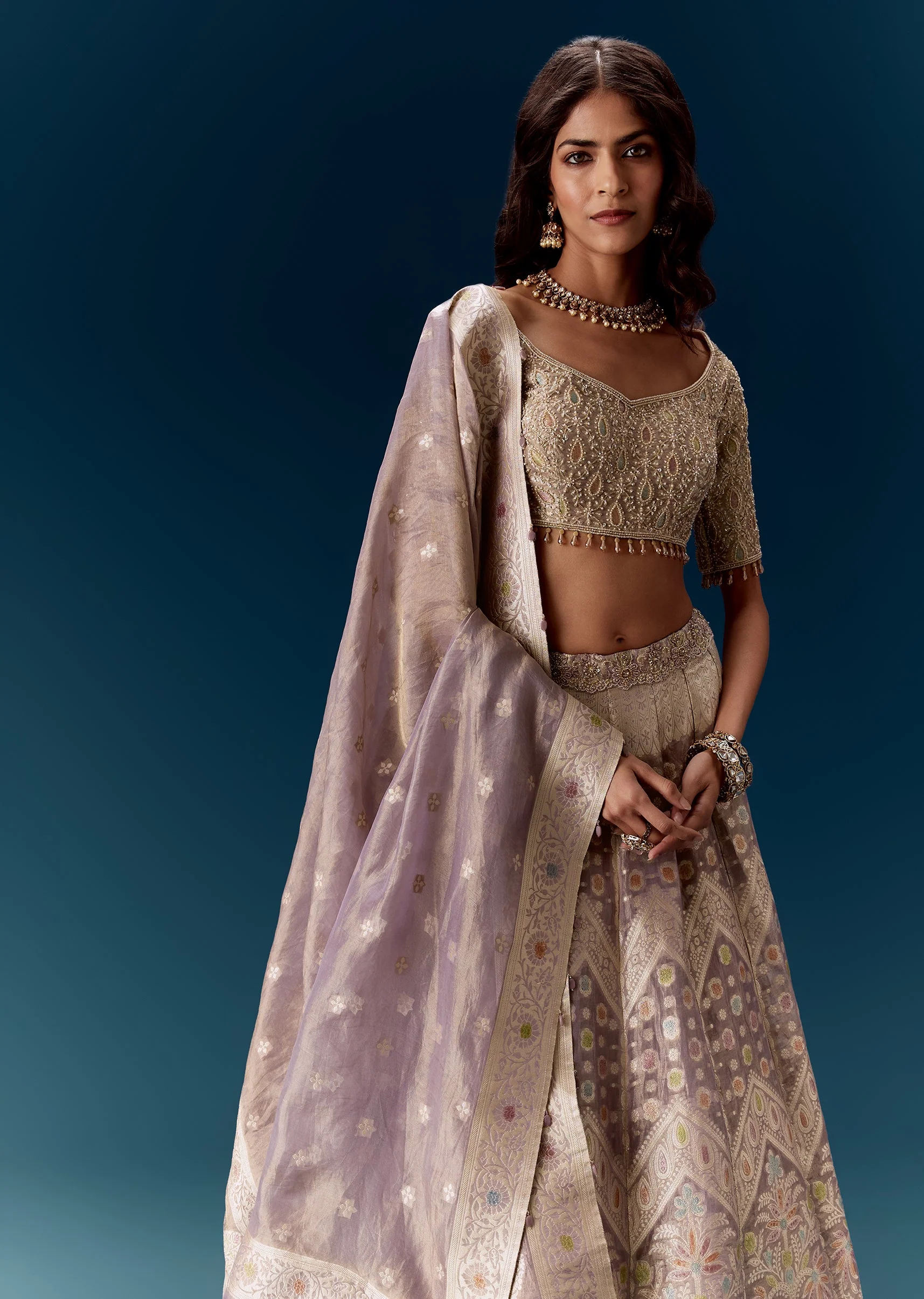 Lavender Banarasi Embroidered Bridal Lehenga With Dupatta - Image 5