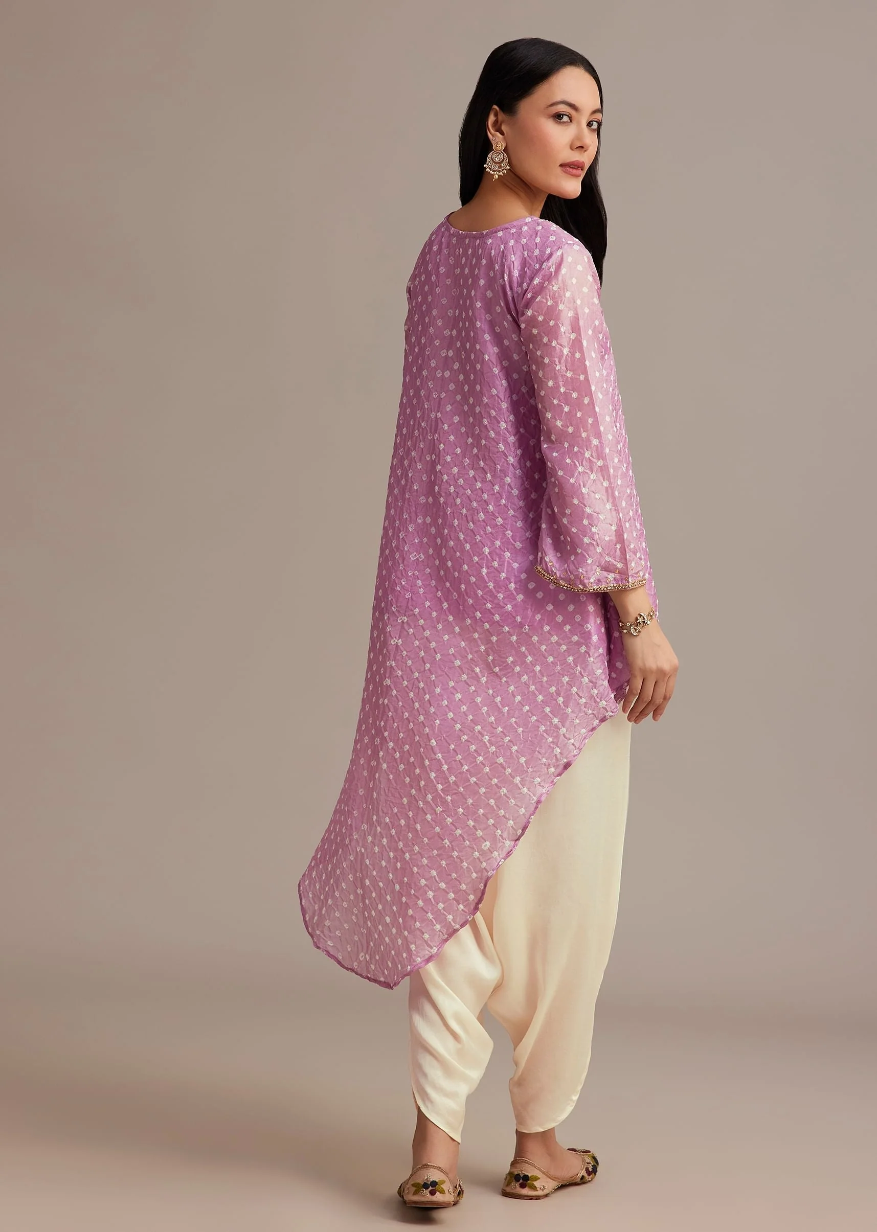 Lavender Bandhani High Low Kurta Set With Dhoti - Image 5
