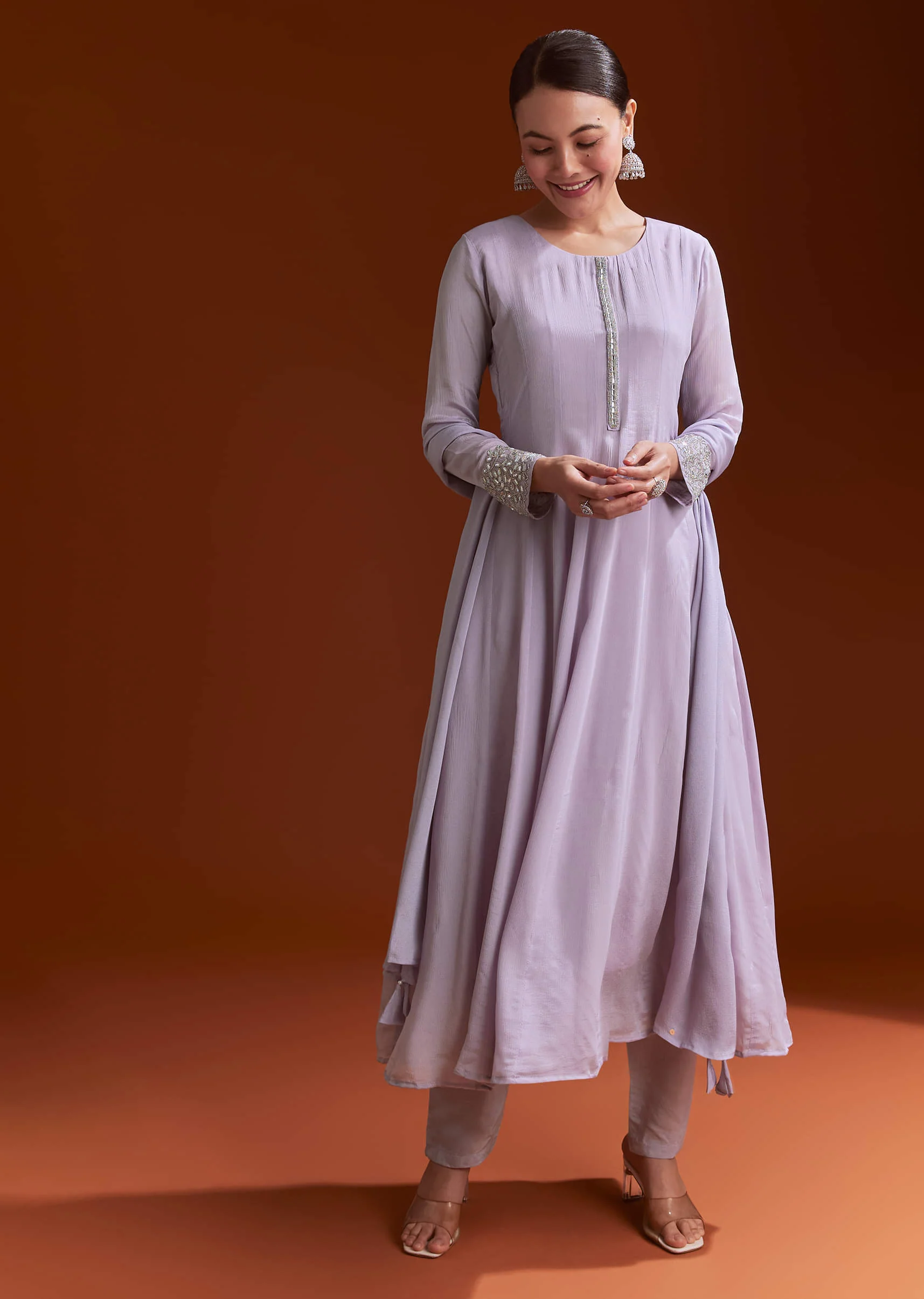 Lavender Chinon Anarkali Suit With Beads And Stone Work - Image 2
