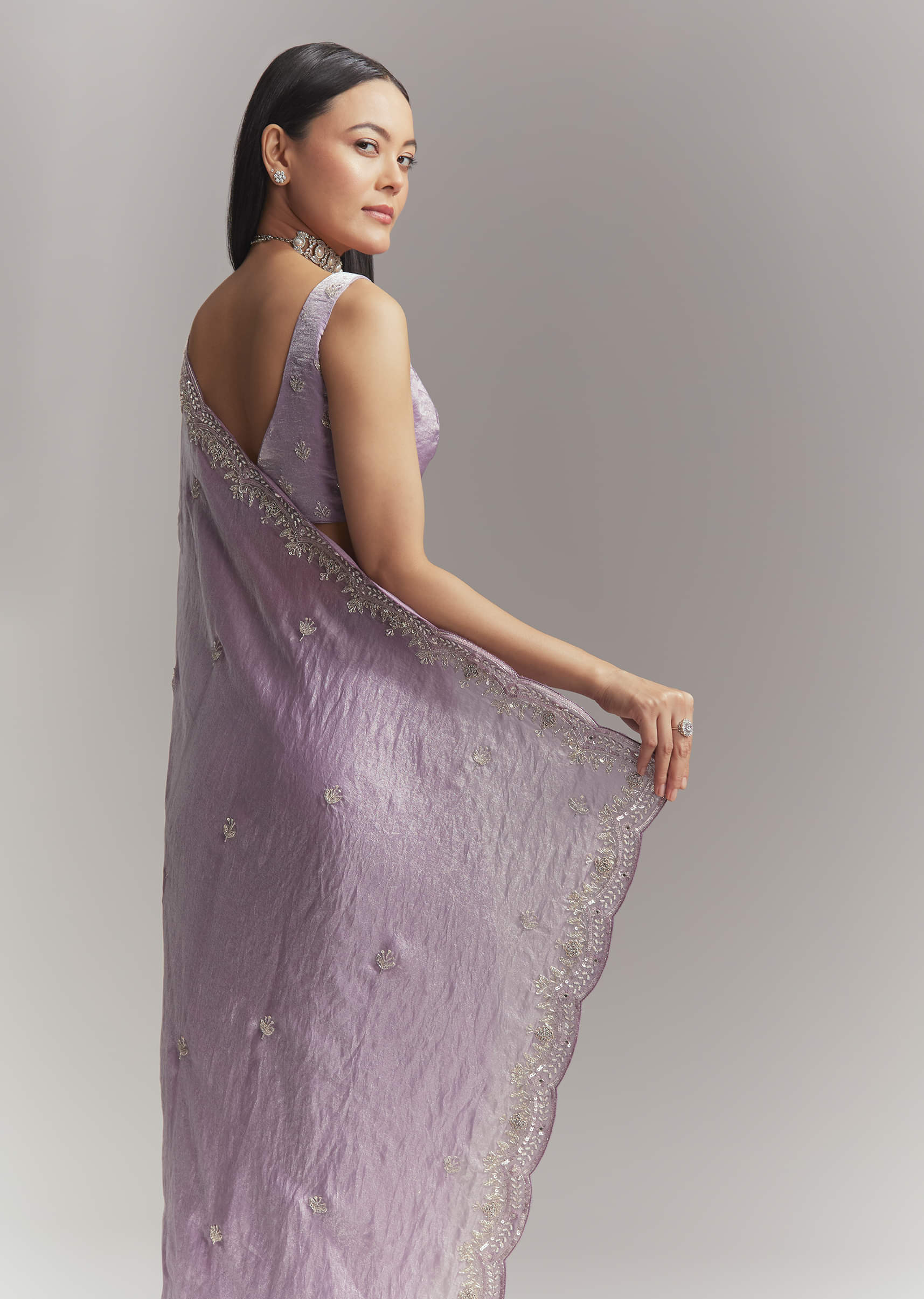 Lavender Chinon Embroidered Saree With Floral Embroidery - Image 6