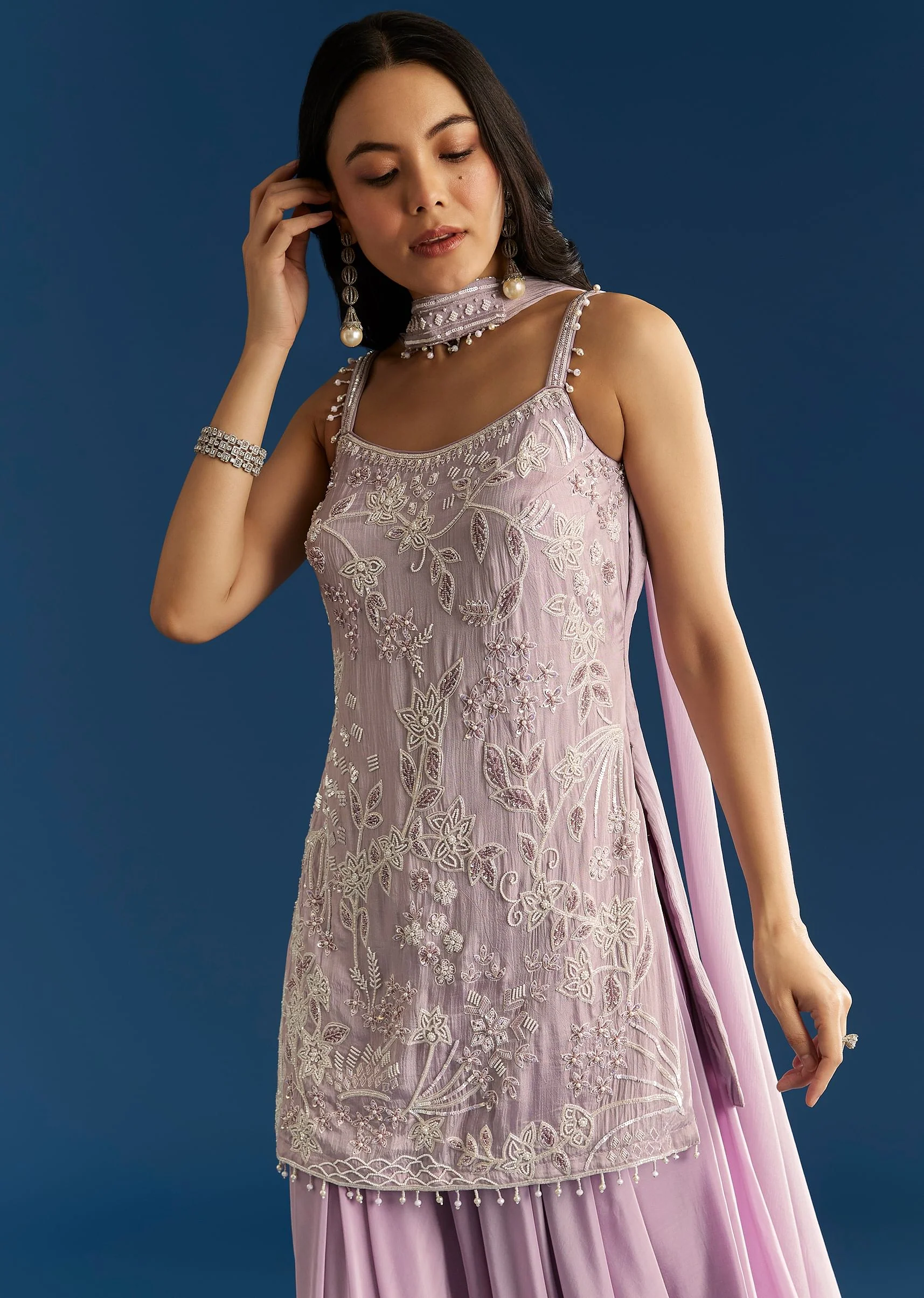 Lavender Chinon Moti Sequin Palazzo Set With Choker Style Dupatta - Image 4
